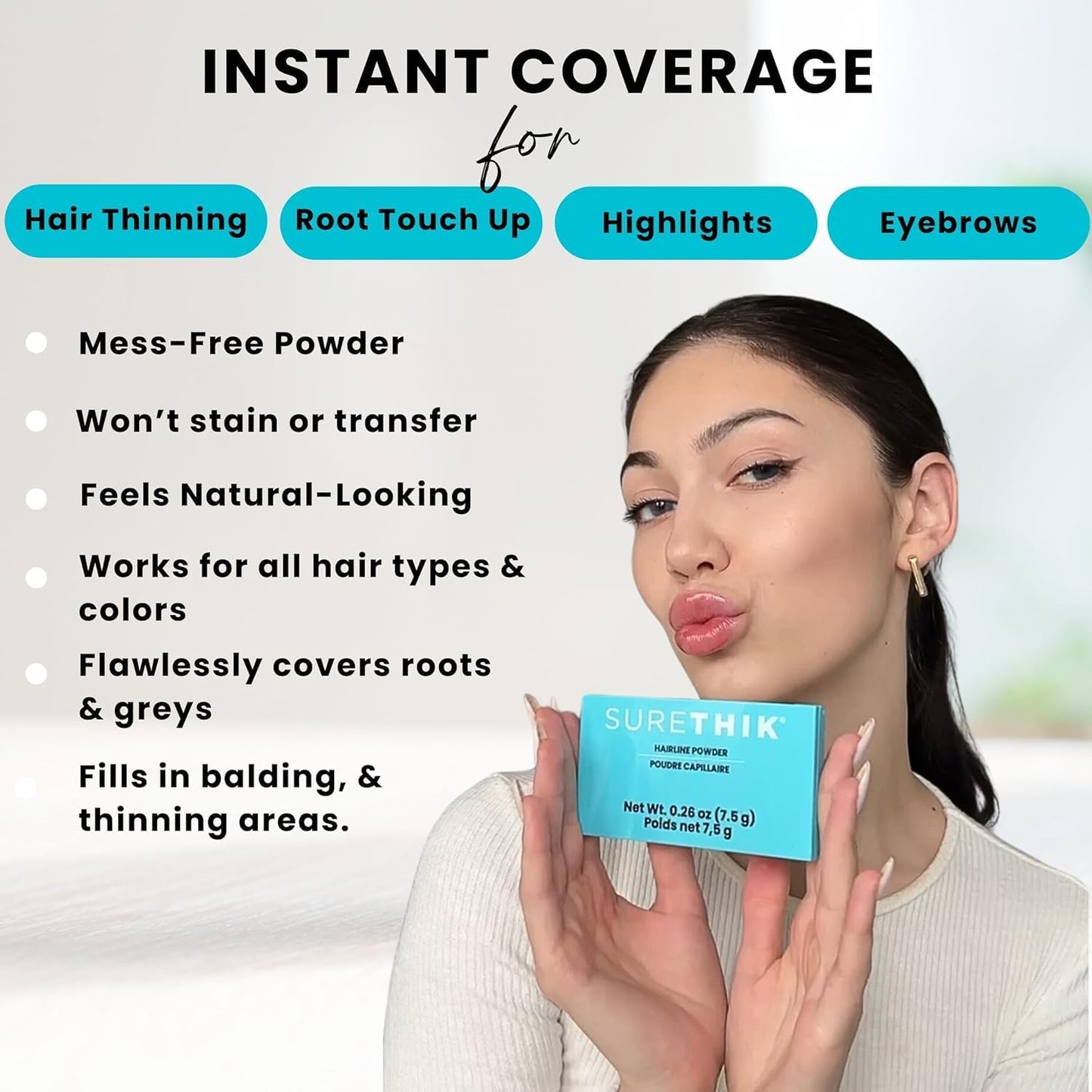 SURETHIK 4-in-1 Premium Hairline Powder Kit - Conceal Thinning Hair, Root Touch-Up, Highlight Refresher & Eyebrow Enhancer for Men and Women (Medium Brown)