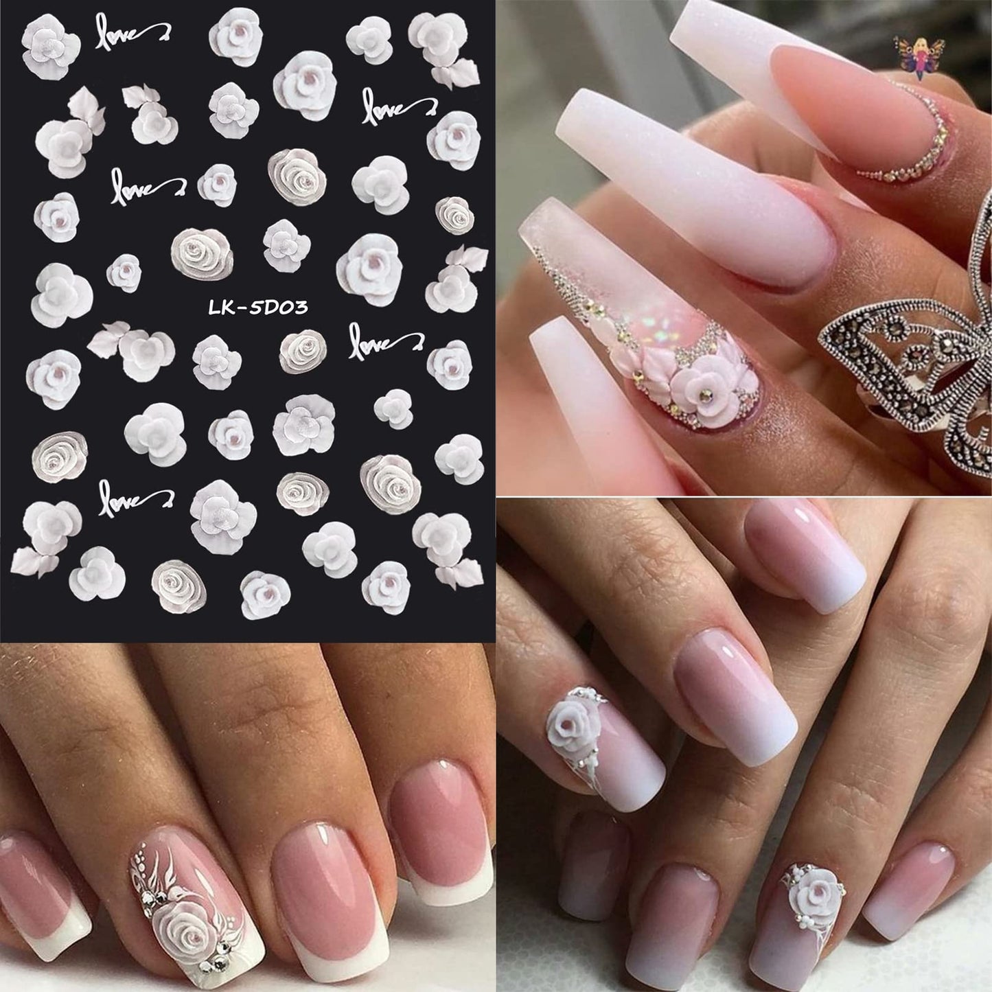VOTACOS 6 Sheets Flower Nail Stickers for Nail Art 5D Embossed Engraved Nail Decals 3D Spring Summer Nail Supplies Accessories Self-Adhesive Nail DIY Design Decoration for Women and Girls