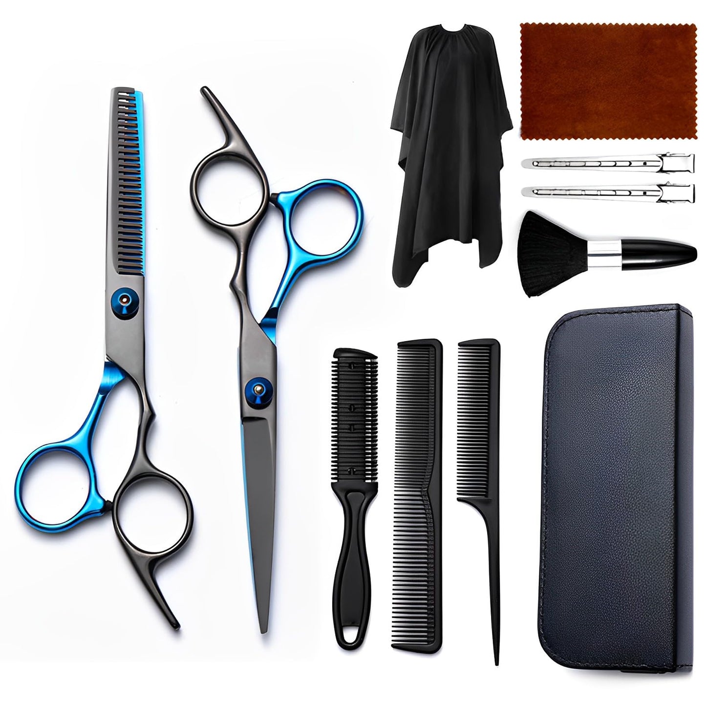 Hair Cutting Scissors Kit 11PCS, Hair Scissors Professional Haircut Scissors with Stainless Steel Hair Shears, Thinning Shears, Haircut Accessories in Leather Case for Salon/Home (Black - Blue)