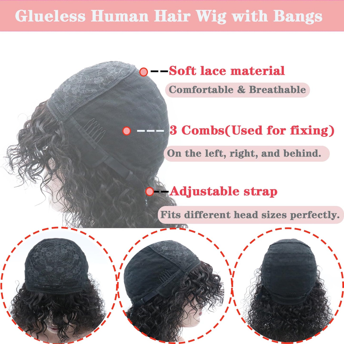 22 Inch Curly Human Hair Wigs with Bangs 150% Density Machine Made Virgin Curly Human Hair Wig Scalp Base None Lace Front Water Wave Wigs for Black Women Glueless Natural Hair Wig(1B#)