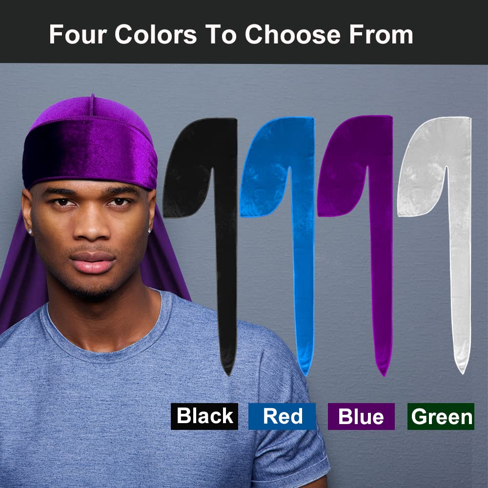 4 Pcs Velvet Durags for 360 Waves, Silky Doo Rag Durag Head Wraps with Extra Long Tail and Wide Straps for Men Women