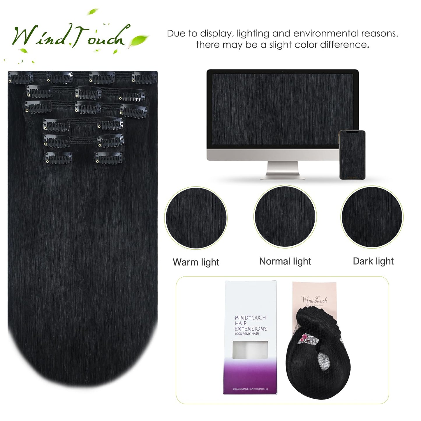 WindTouch Clip in Hair Extensions Real Human Hair #1 Jet Black Hair Extensions Remy Human Hair Full Head 16Inch 120g 7PCS Human Hair Clip in Extensions Black women