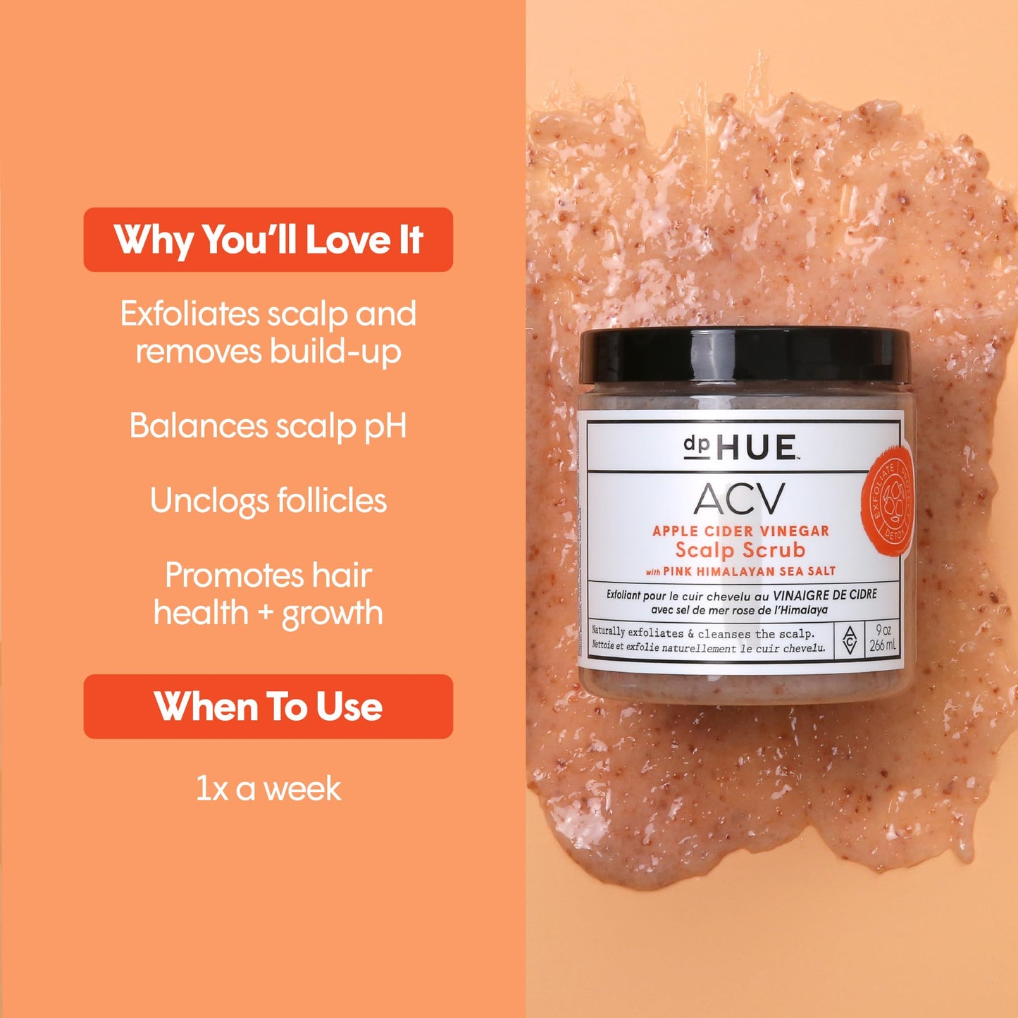 dpHUE Apple Cider Vinegar Scalp Scrub with Pink Himalayan Sea Salt, 9 oz - Natural Exfoliating Scrub & Dry Scalp Treatment - Aloe Vera & Avocado Oil - Gluten Free, Vegan