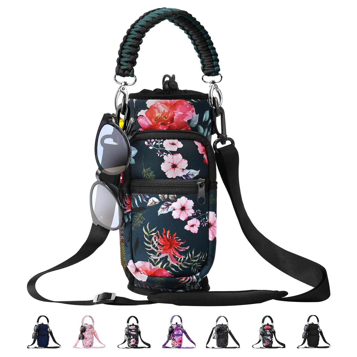 AceTreker 32 oz 40 oz Water Bottle Sleeve, Insulated Sport Water Bottle Holder with Strap & Paracord Handle, Flask Carrier Sling Bag with 4 Pockets for Walking Hiking-Wild Rose