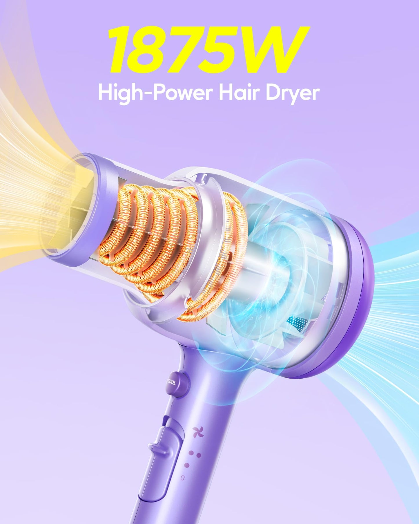 Wavytalk Blow Dryer with Diffuser, Blown Away Ionic Hair Dryer for Curly Hair with Comb, 1875W Fast Drying Blow Dryer with Ceramic Technology, 3 Attachments for All Hair Types, Light and Quiet, Purple