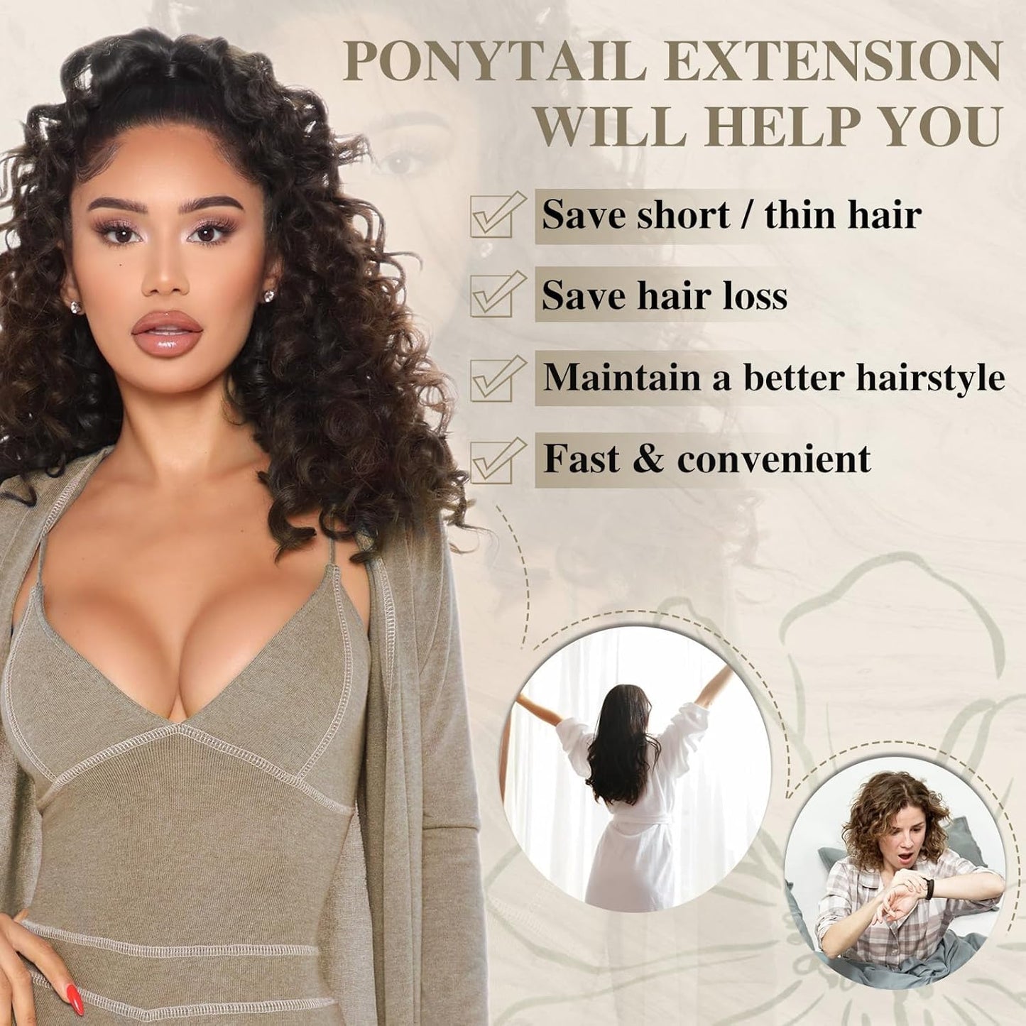 AISI BEAUTY Curly Ponytail Extension,Drawstring Ponytail Extension for Black Women Synthetic Curly Wavy 20 Inch Fake Clip in Ponytail Hair Extensions for Daily Use(1BH27)