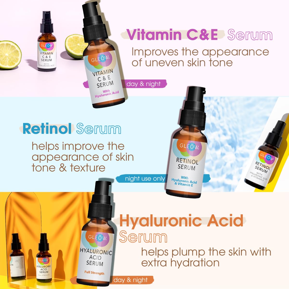GLEOW Retinol Serum for Face, Vitamin C with Hyaluronic Acid Face Serum for Women and Men, Glow Skin Care Set Targets Appearance of Uneven Skin Tone and Dryness 3x2 oz
