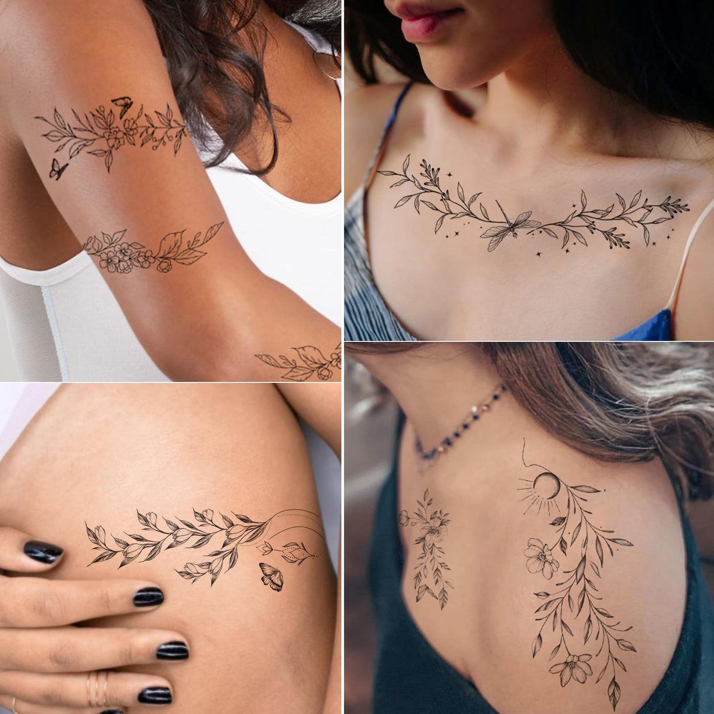 Tazimi Temporary Tattoos For Women Girls-24 Sheets Branch Flower Leaf Wild Plants Sketch Realistic Long-lasting Tattoo Stickers Waterproof Tattoo Sets for Arm Collarbone Leg Backbone Body Art