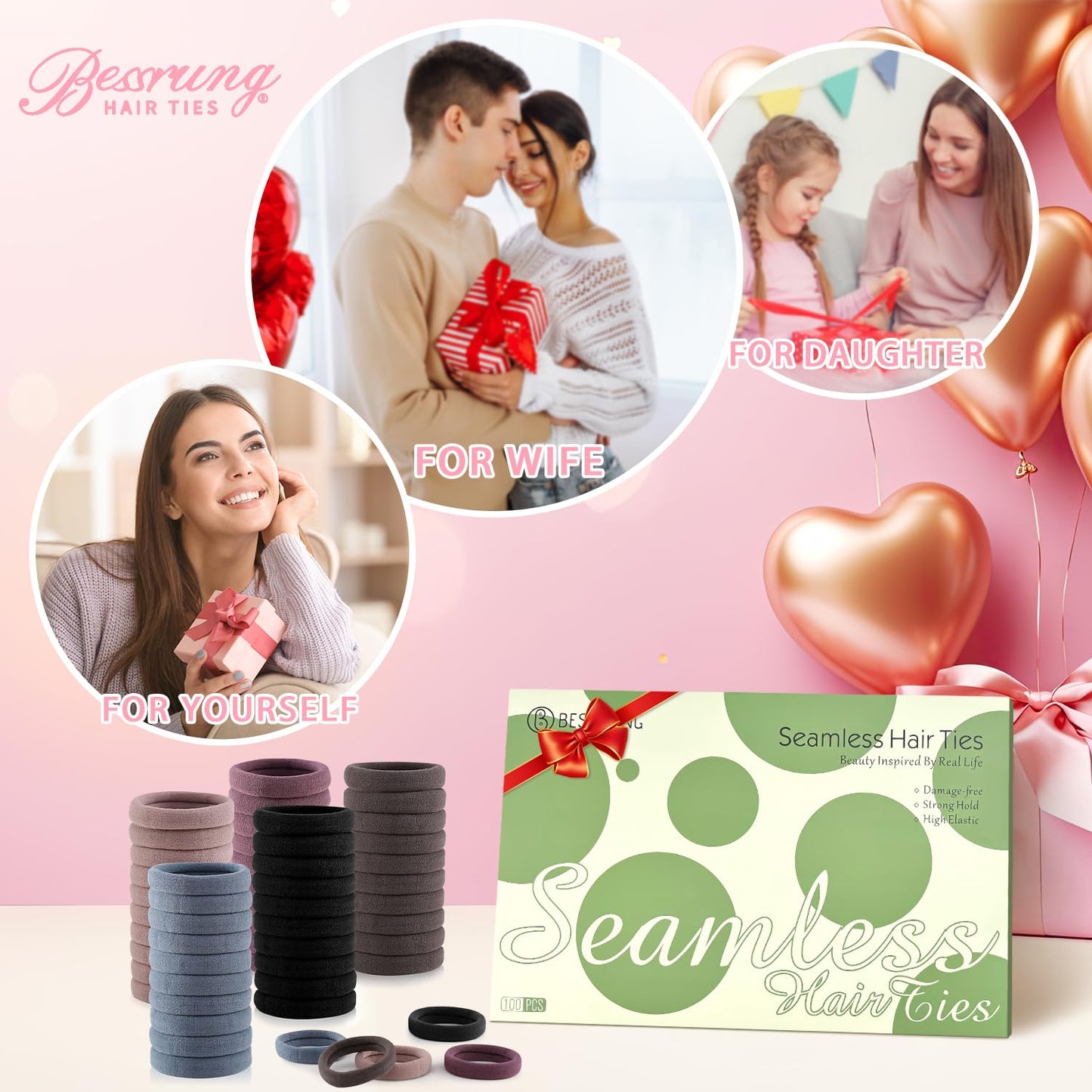 100 Pcs Thick Seamless Hair Ties, Ponytail Holders Hair Accessories No Damage for Thick Hair, Valentine's Day Gifts (Natural Colors)