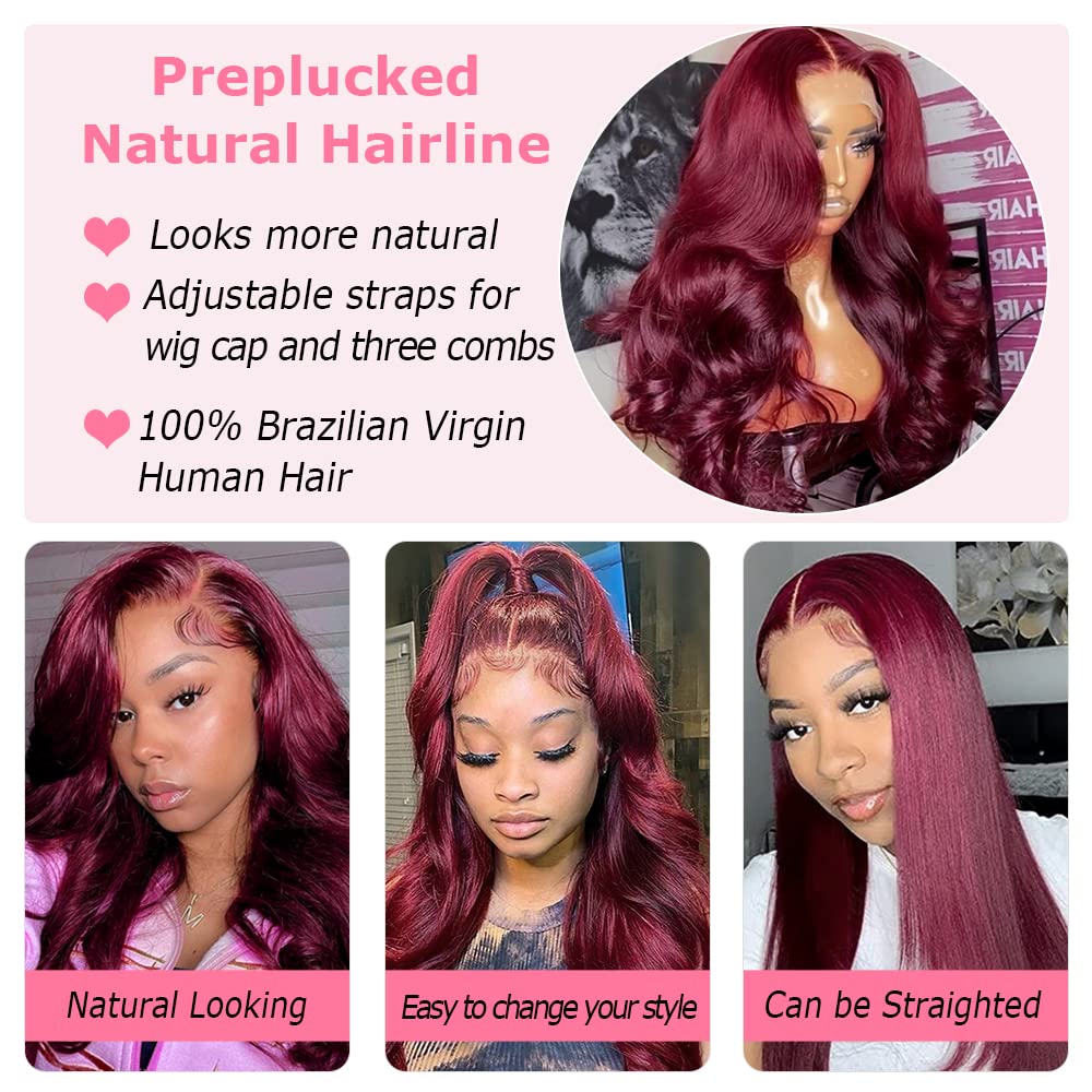 250% Density 32 Inch 99J Burgundy Lace Front Human Hair Wig With Baby Hair Pre Plucked 13x4 Body Wave HD Transparent Lace Frontal for Women Glueless