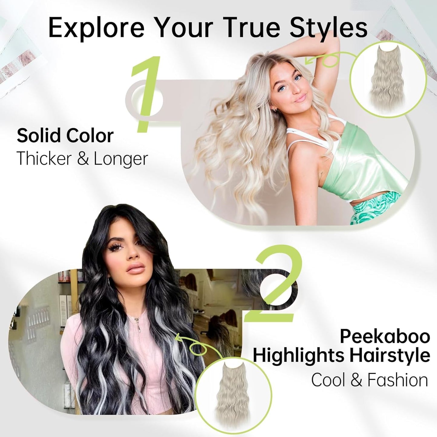 KooKaStyle Invisible Wire Hair Extensions with Transparent Wire Headband Adjustable Size 4 Secure Clips Silver Grey Blonde Long Wavy Hairpiece for Women