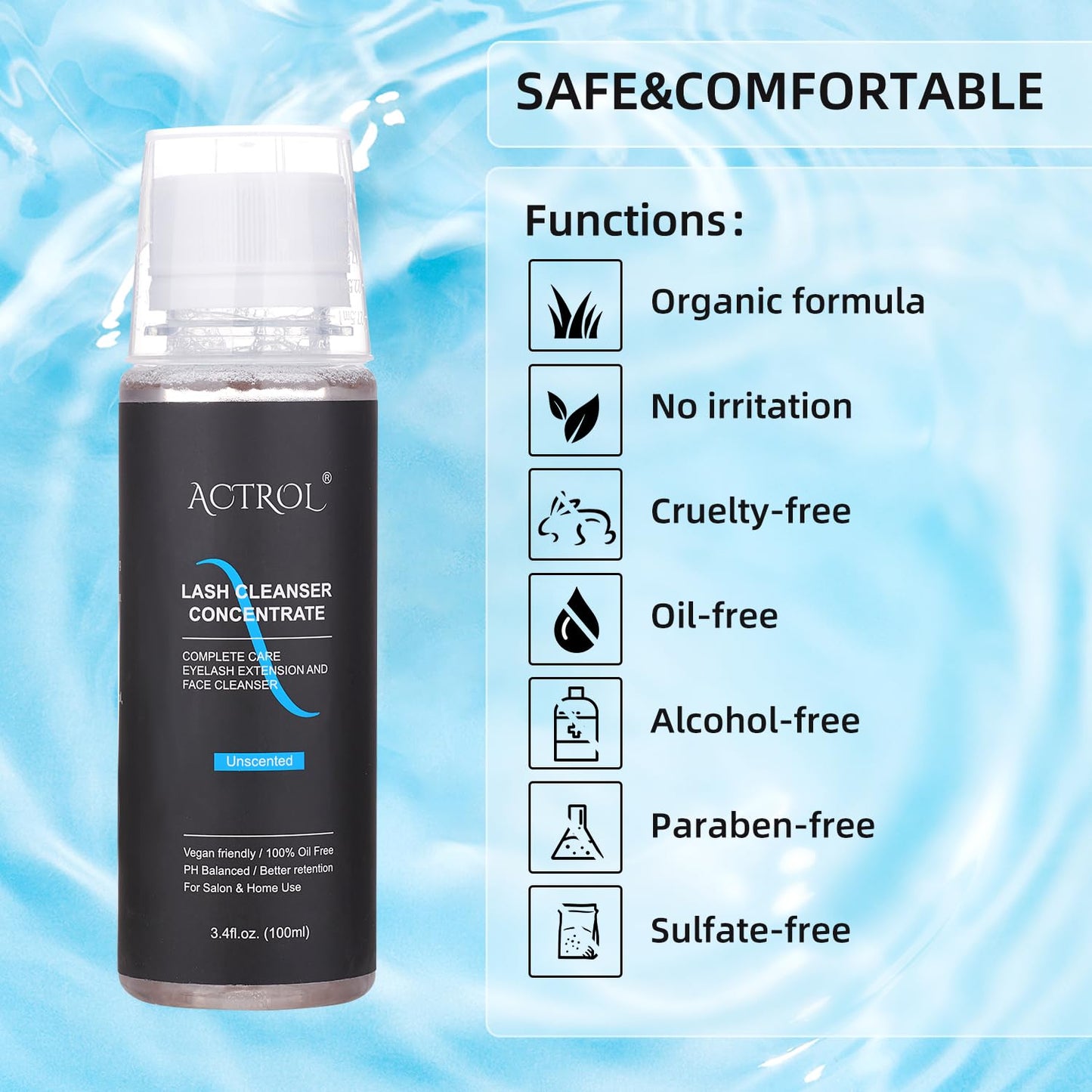 ACTROL Eyelash Cleanser Concentrate 100ml Unscented Professional Lash Shampoo Foaming Cleanser Wash for Extensions Lashes with Salon Home Care-Makes 20 Bottles