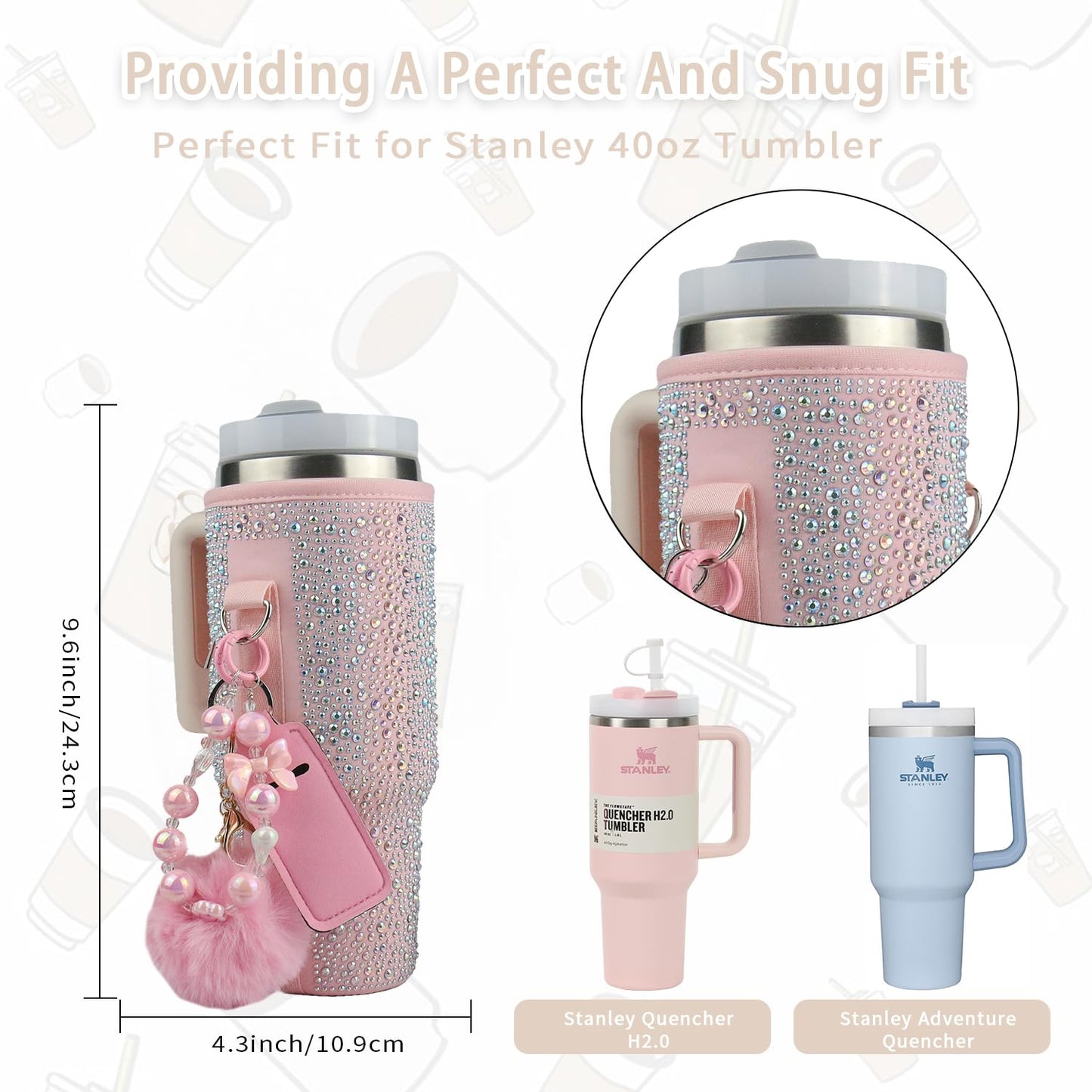Water Bottle Carrier Bag for Stanley 40oz Tumbler - Stanley Cup Belt Bag with Adjustable Strap, Straw Cover & Pompom Keychains - Thanksgiving Day and Christmas Day Gifts (Pink Diamond)