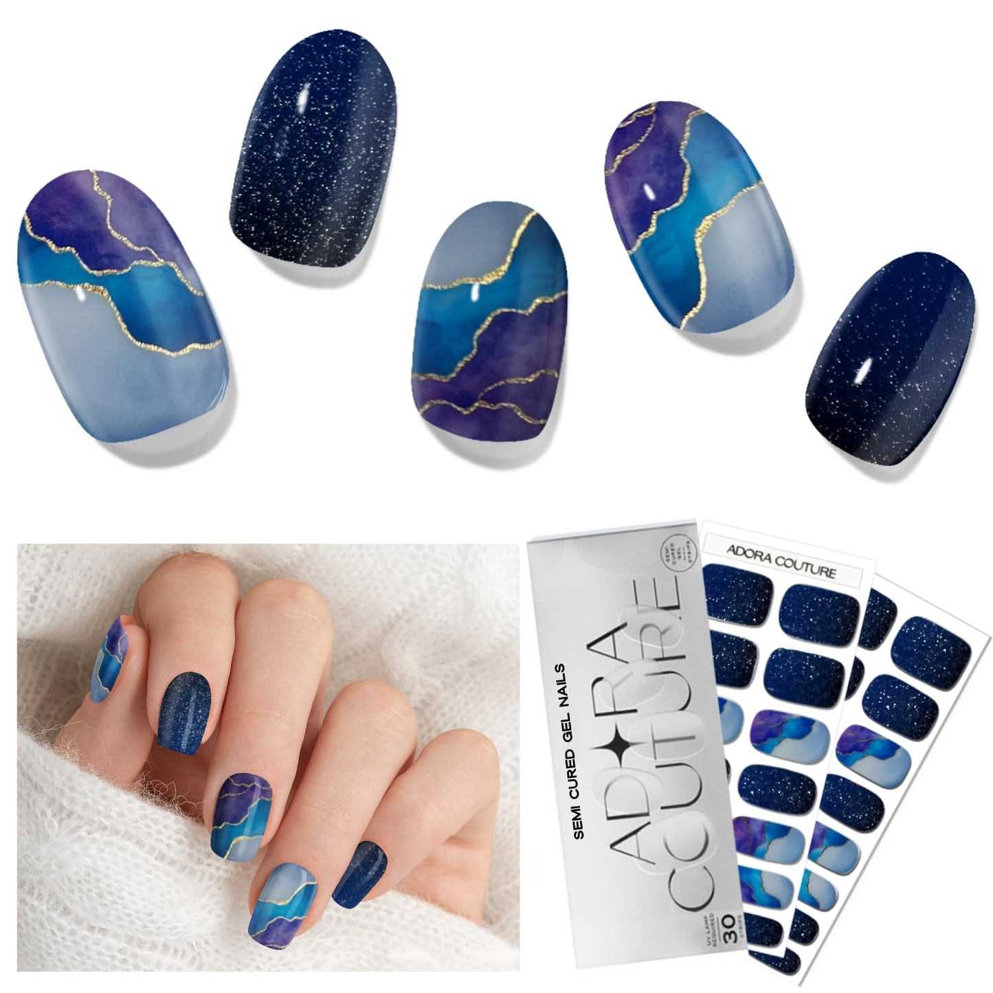 Adora Couture Semi Cured Gel Nail Strips with 30 Pieces, Salon Quality Nail Wraps for Women, Glossy Blue Purple Pattern with Glitter UV Gel Nail Stickers, UV Light Required, Stellar