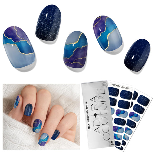 Adora Couture Semi Cured Gel Nail Strips with 30 Pieces, Salon Quality Nail Wraps for Women, Glossy Blue Purple Pattern with Glitter UV Gel Nail Stickers, UV Light Required, Stellar