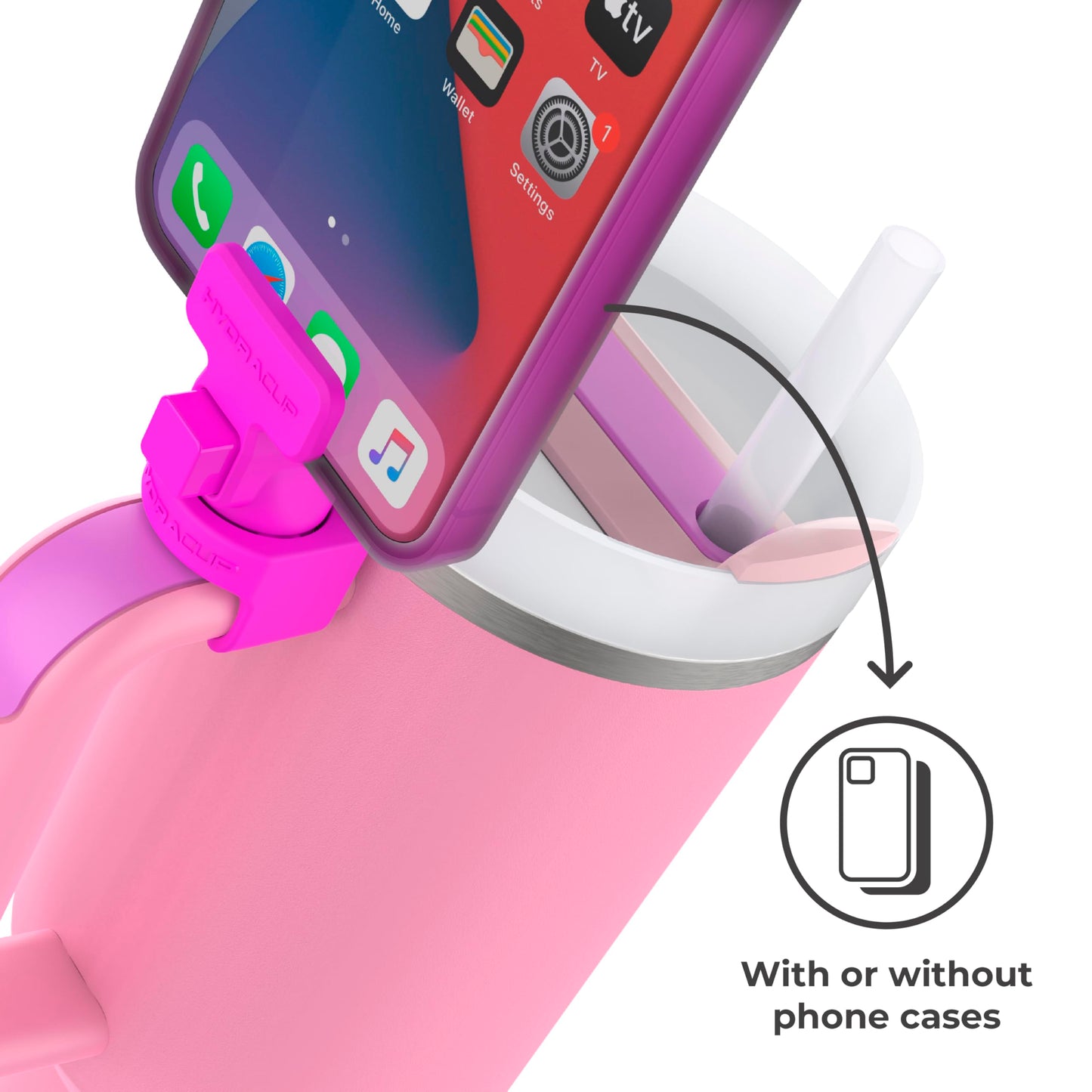 HydraClip Phone Attachment - Watch, Carry, Record, & Stay Organized, Use as Phone Stand or Tripod, Hands Free Detachable, Stanley Cup Accessories, Spring Loaded Secure Grip (Neon Pink)