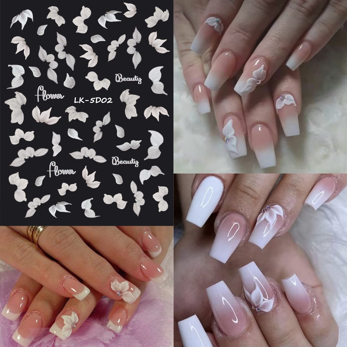 VOTACOS 6 Sheets Flower Nail Stickers for Nail Art 5D Embossed Engraved Nail Decals 3D Spring Summer Nail Supplies Accessories Self-Adhesive Nail DIY Design Decoration for Women and Girls