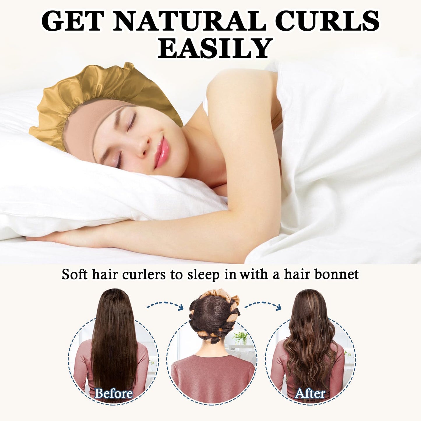 Gwabee 70" Soft Hair Curlers for Overnight Curls - No Heat Curl Wrap with 9 Rods for Long Hair, Khaki