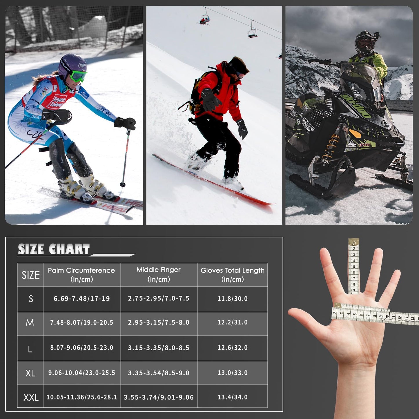 Achiou Ski Snow Gloves Waterproof Touchscreen Winter Warm for Men Women with Portable pocket