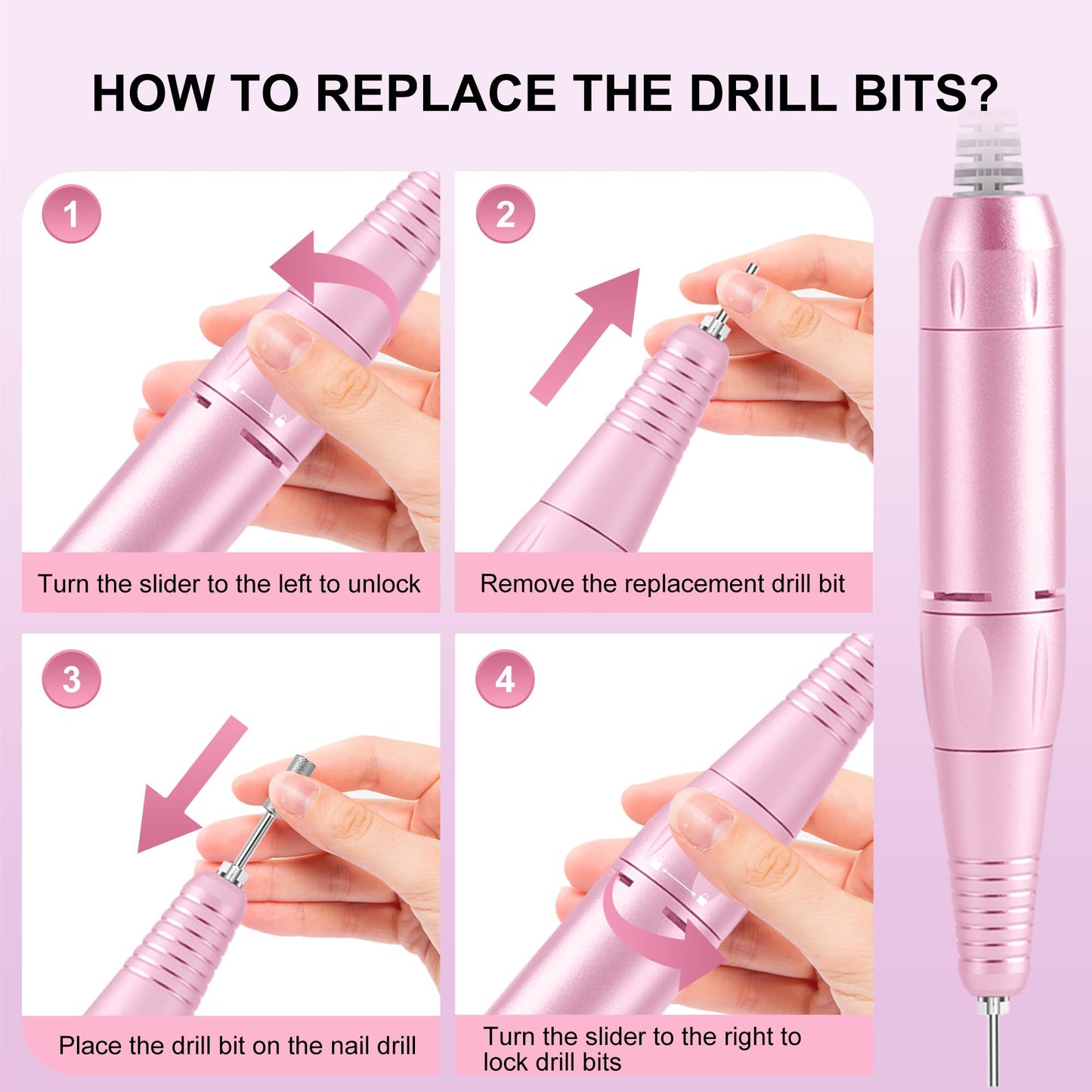 Professional Electric Nail Drill File:COSYGLOW Glitter Portable Cordless E-File Nail Drill Kit with 11 Nail Drill Bits,30000 RPM Rechargeable Nail Drill Machine for Acrylic Nails Gel Polishing(Pink)