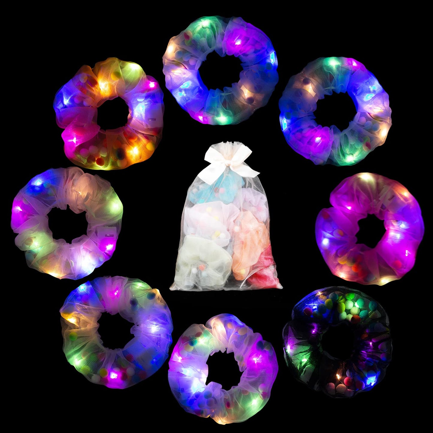 8 LED Scrunchies - Light Up Hair Accessories for Women, Girls - Glow in the Dark Hair Ties & Bands for Christmas, Rave Party (#02)