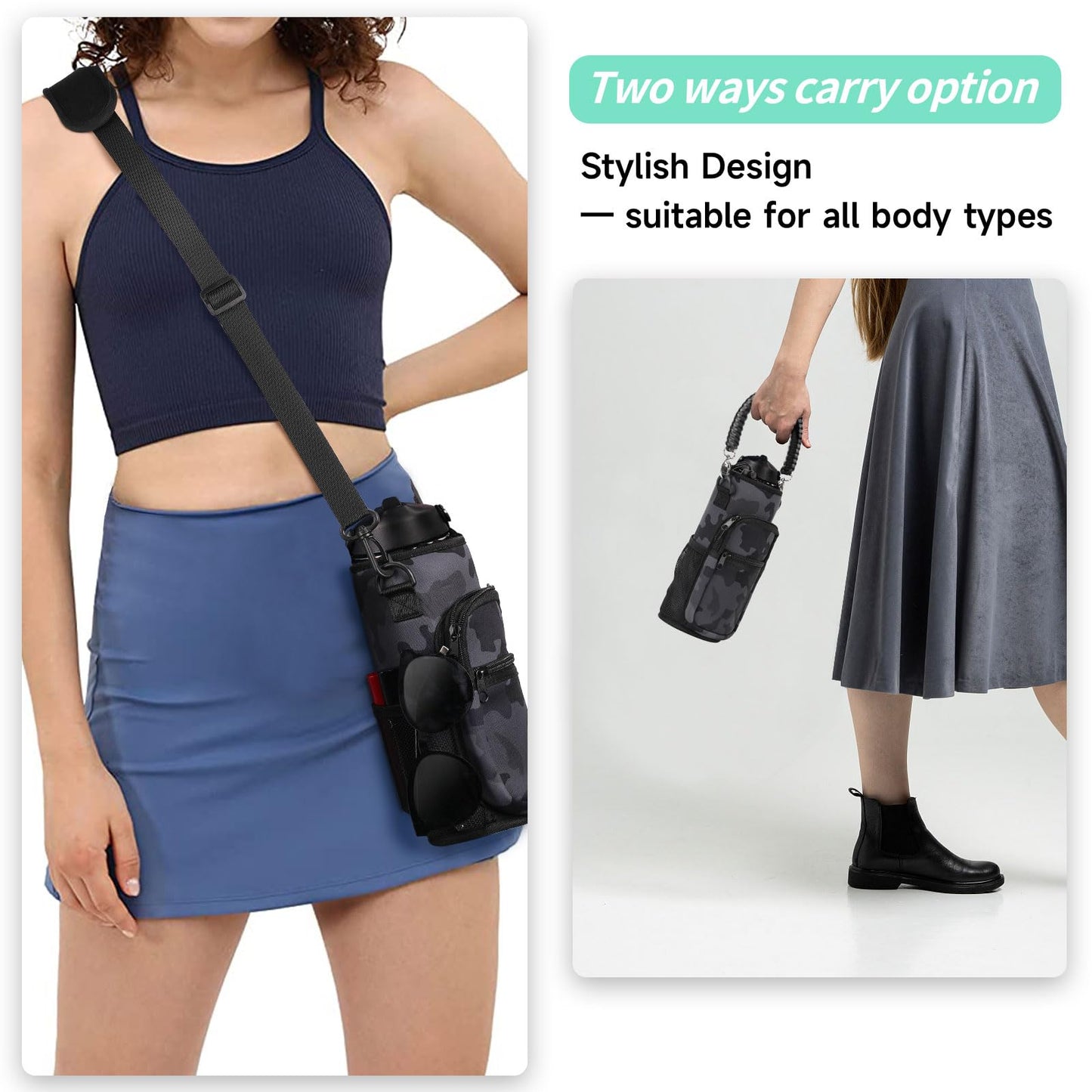 AceTreker Water Bottle Sleeve, 32 oz 40 oz Water Bottle Holder with Strap & Paracord Handle, Neoprene Insulated Carrier Sling Bag with Phone Pocket for Walking Hiking Sport-Gray Camo