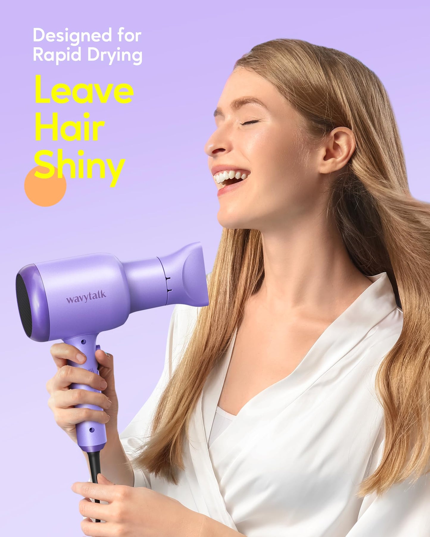 Wavytalk Blow Dryer with Diffuser, Blown Away Ionic Hair Dryer for Curly Hair with Comb, 1875W Fast Drying Blow Dryer with Ceramic Technology, 3 Attachments for All Hair Types, Light and Quiet, Purple
