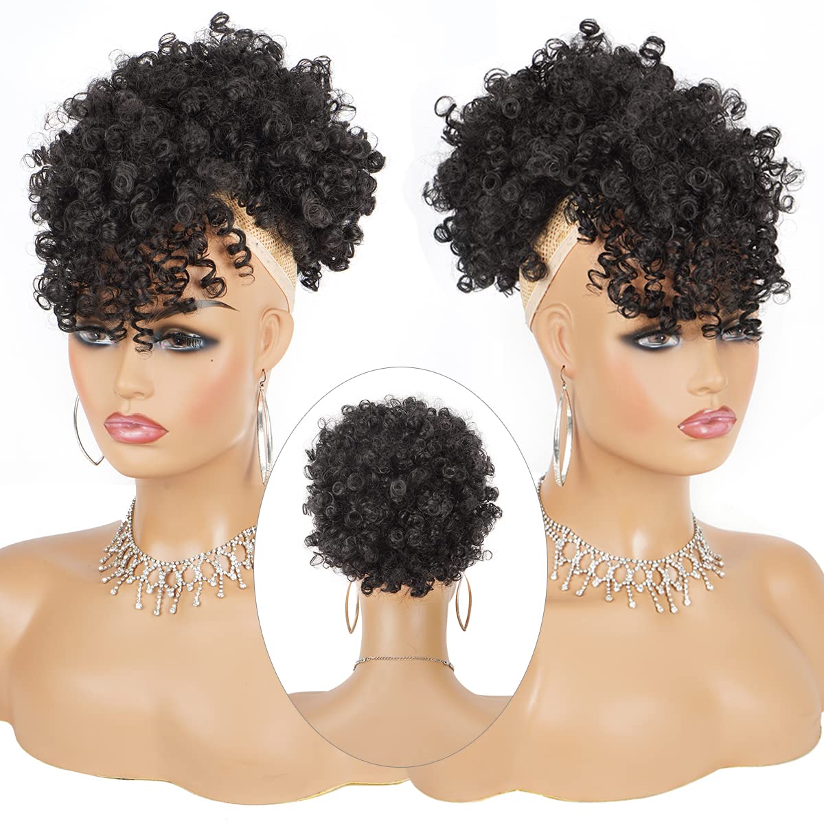 Cetiq Afro Puff Drawstring Ponytail with Bangs Drawstring Ponytail for Women Kinky Curly Hair Clip in Bangs Short Ponytail Hair Extensions Updo Hairpieces (2#)