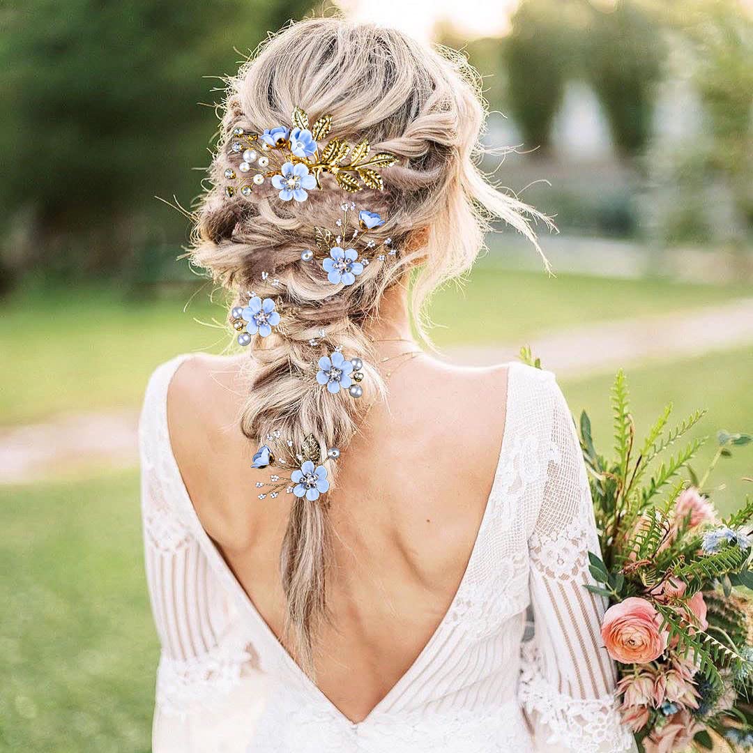 5 PCS Bridal Flower Wedding Hair Pins Crystal Pearl Hair Clips Headpiece Gold Wedding Hair Accessories Jewelry with Rhinestone for Brides Bridesmaids Women Girls Updo, Special Cream Blue
