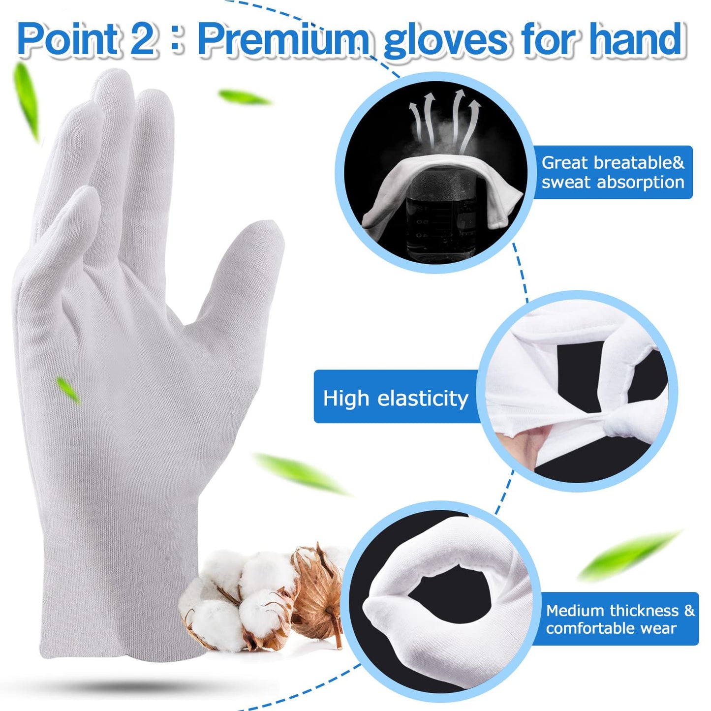 24Pcs Cotton Gloves for Dry Hands Moisturizing Gloves Cotton Gloves Eczema White Gloves for Men and Women and Kid, Stretchable Reusable Cloth Gloves for Spa Lotion Coin Jewelry Silver Inspection(L)