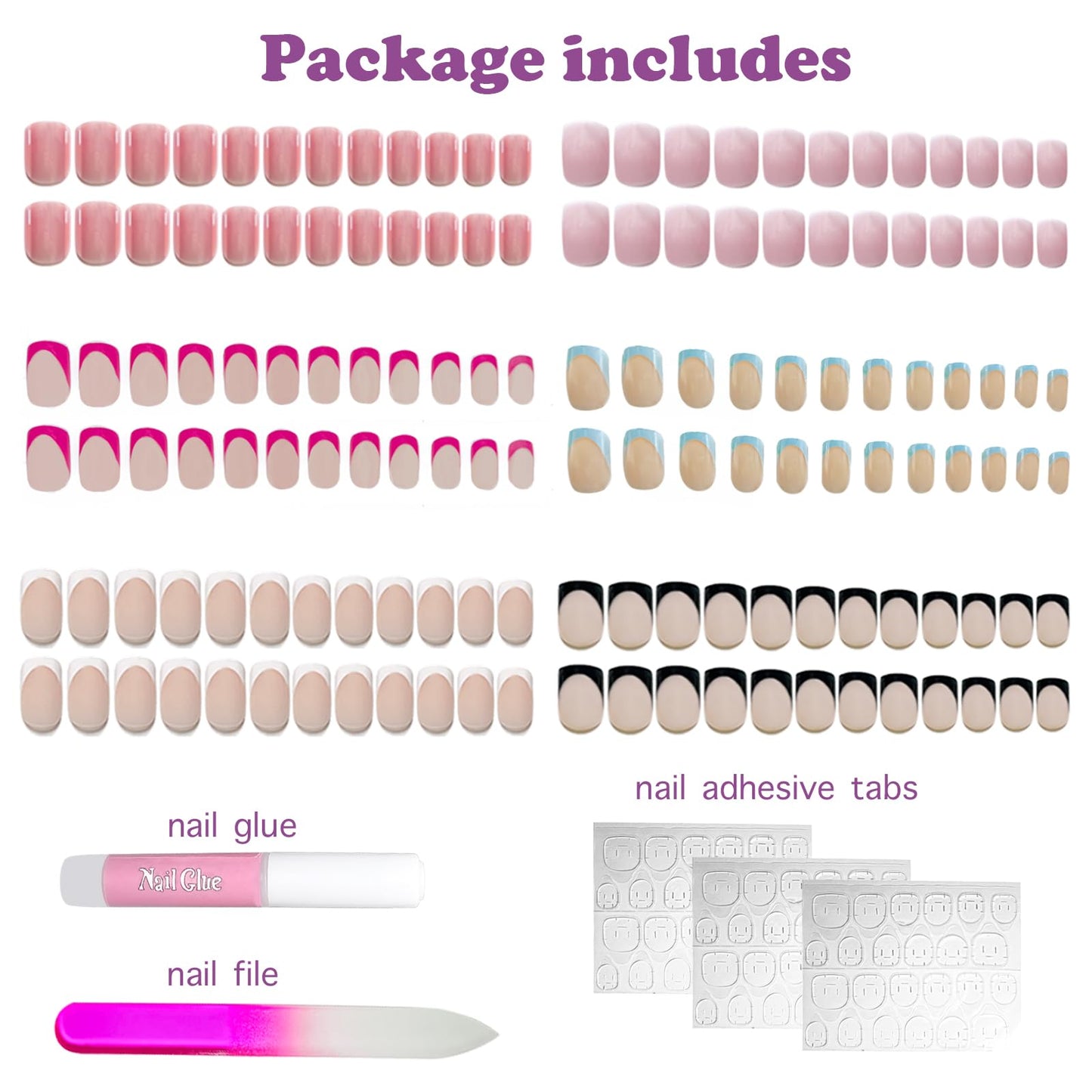 6 Packs 144Pcs French Tip Press on Nails Short, Jsiallye Short Square Fake Nails Glue on Nails Kits with Adhesive Tabs Nail File for Women Press on Nails