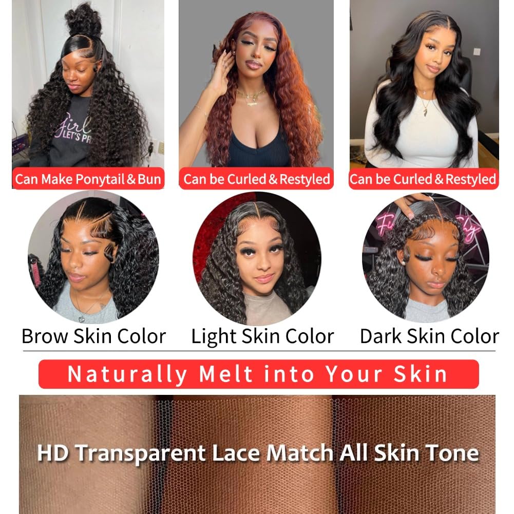13x6 Deep Wave Lace Front Wigs Human Hair 200 Density Pre Plucked Glueless HD Transparent Lace Front Wigs Human Hair 20 Inch Deep Wig Brazilian Lace Frontal Wigs with Baby Hair Free Part