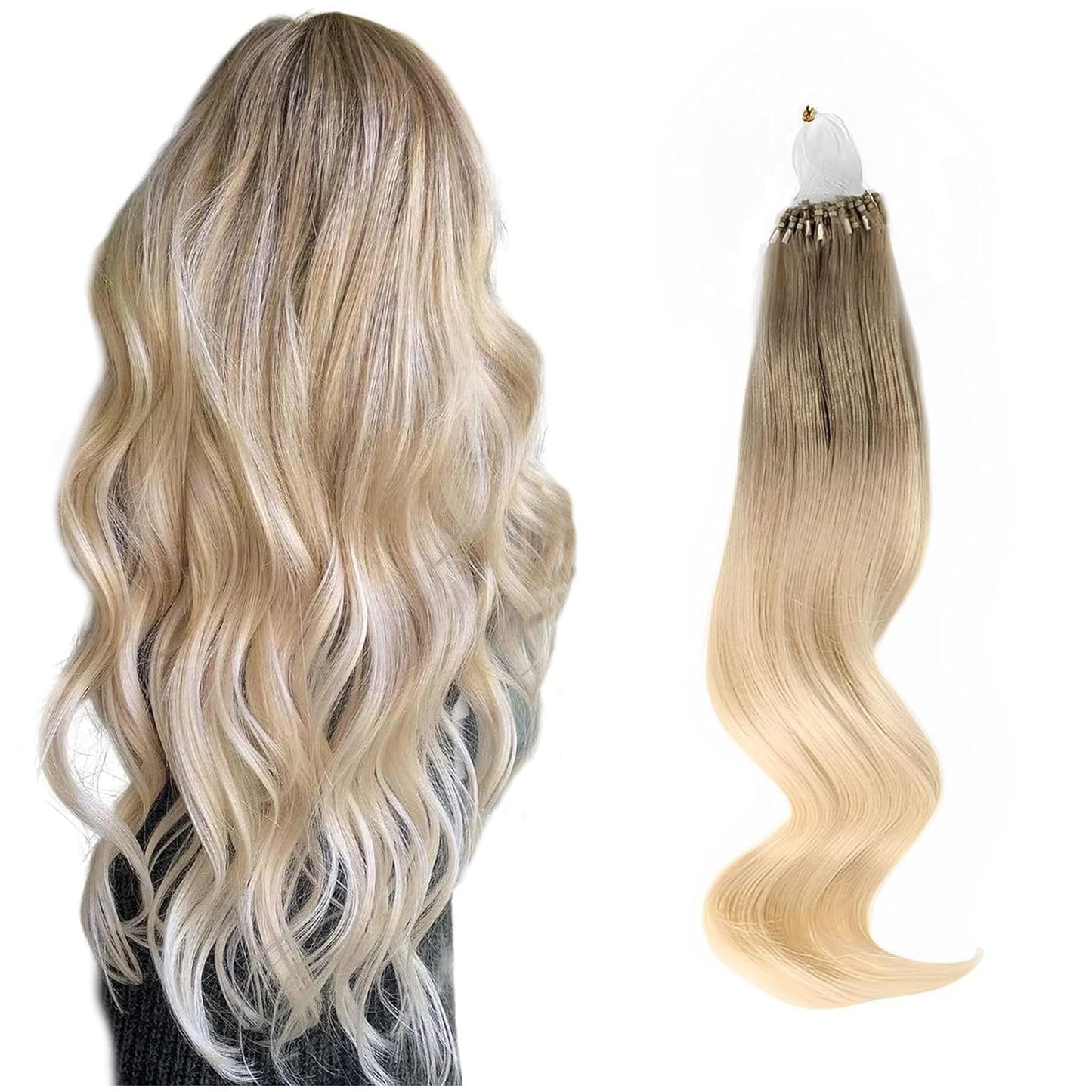 ABH AmazingBeauty Hair Micro Links Hair Extensions Human Hair 24 Inch Ash Brown Ombre Platinum Blonde Hair Extensions Micro Ring Ombre Blonde 50G 50S Micro Loop Hair Extensions Balayage Blonde
