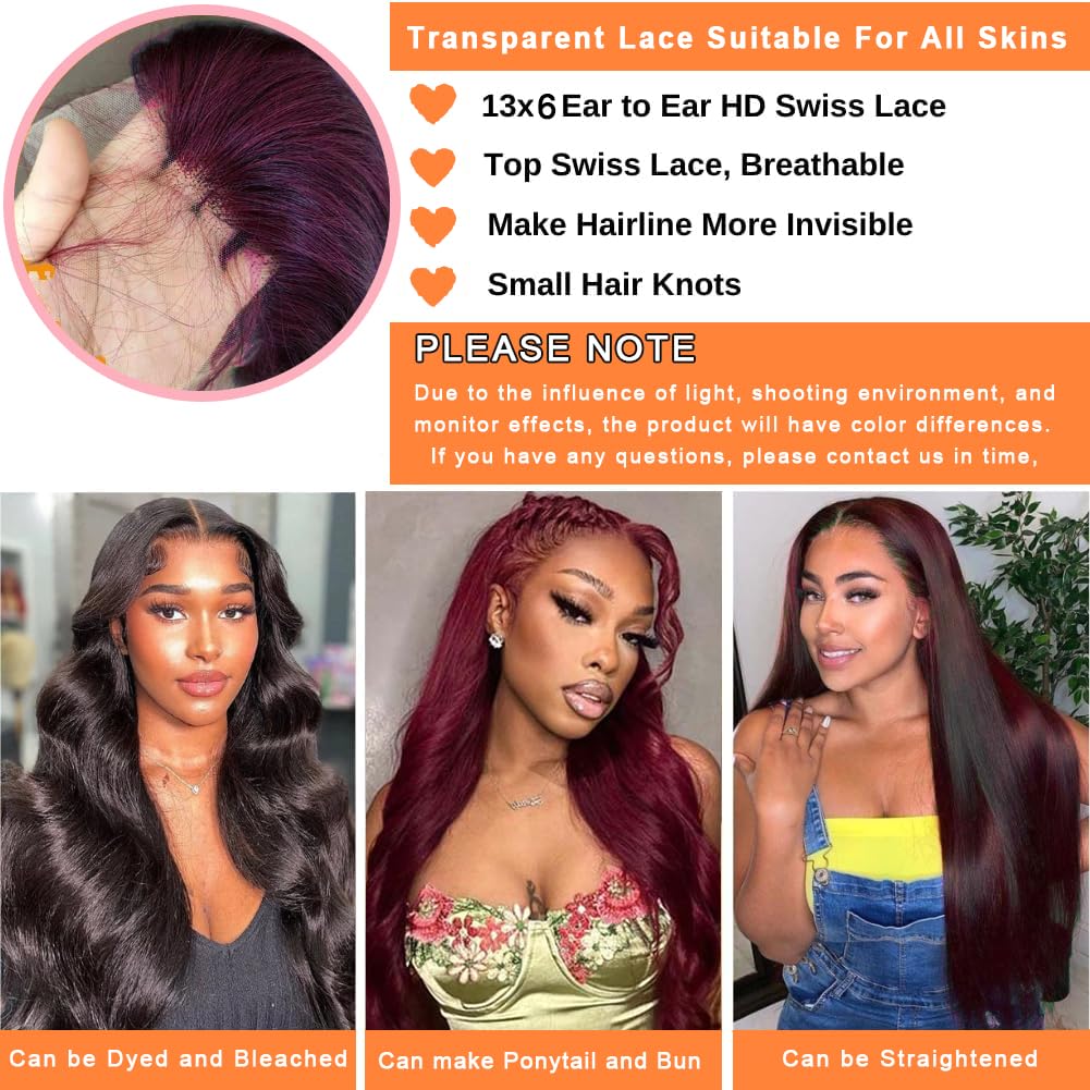 GUART 99j Burgundy Lace Front Wigs Human Hair 13x6 Body Wave Lace Front Wigs Human Hair 180% Density Preplucked Virgin Hair Full and Thick HD Lace Front Wigs Human Hair for Women 20 inch