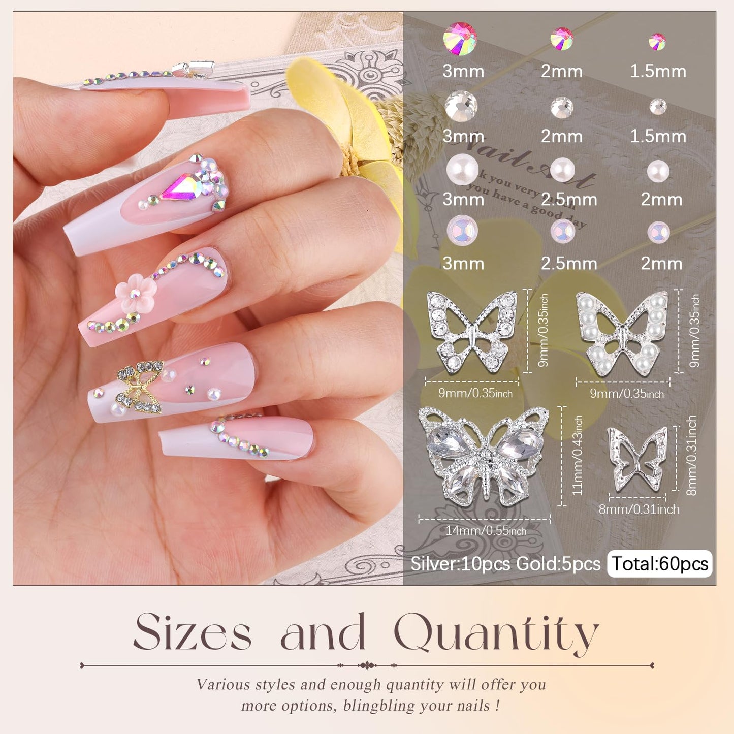 60Pcs 4 Styles 3D Butterfly Nail Charms and Flatback Gems Pearl with Rhinestones Glue Gel, Silver + Gold Shiny Luxury Gems, Crystal Jewels Studs for Nail Design, Nail Art Decor Set for Acrylic Nail