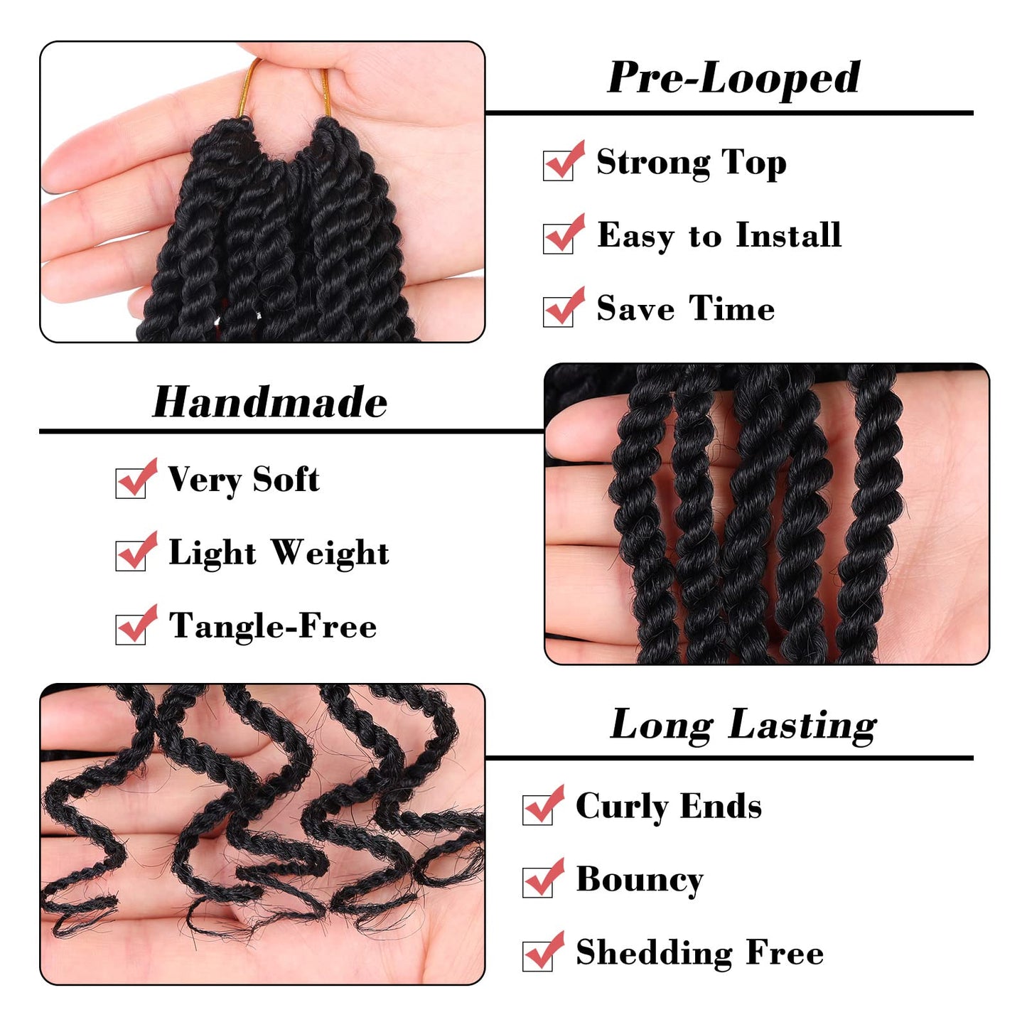 Leeven 6 Inch Senegalese Twist Crochet Hair with Curly Ends, 8 Packs Black Pre Looped 2 Strand Short Twist Hair, Wavy Small Hanava Twist, Synthetic Crochet Braids for Women Girl Kids