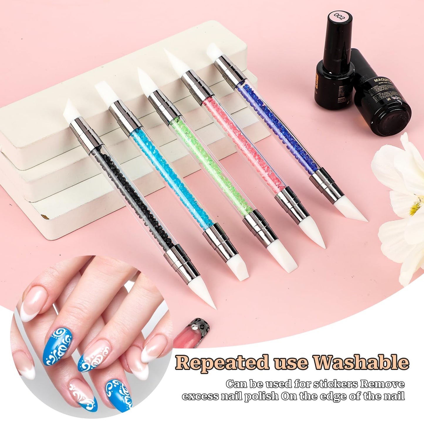 5 Pcs Nail Art Sculpture Pen Dual Tipped Silicone Nail Tools Nail Art Acrylic Pen Silicone Brushes for Resin Nail Art Tools for Design Nail Foil Carving Drawing Shaping Drawing Effect