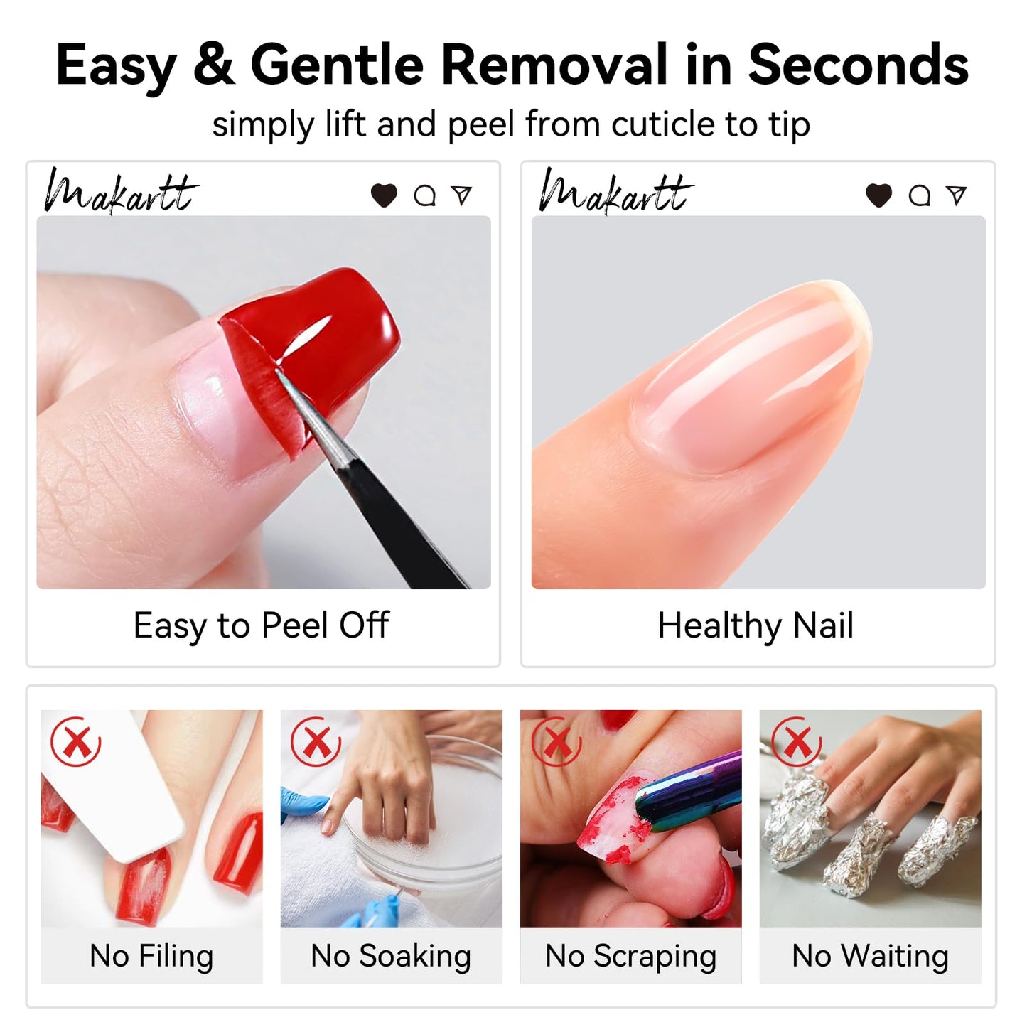 Makartt 15ml No Wipe Gel Top Coat and Peel Off Base Coat Set - 2Pcs Shine Finish Long Lasting No Filing Soak Off Clear Top Base Gel, UV LED Nail Lamp Required, for Women Nail Art DIY