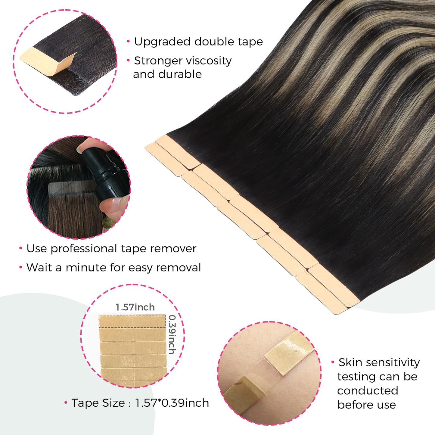Lashey Tape in Hair Extensions 25g 10pcs 16 Inch Straight Balayage Natural Black to Light Blonde Highlighted Hair Extensions Tape in Hair for Women