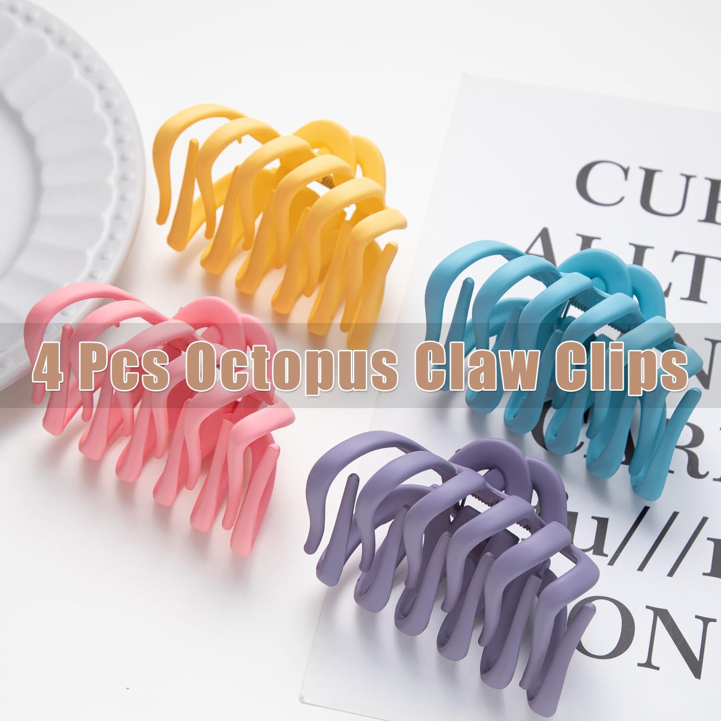 4 Pcs Octopus Claw Clips Matte Hair Clips Octopus Hair Claw Clips for Women 3.8" Large Hair Claw Clip for Women Strong Grip Non-slip Jaw Clip for Thick,Multiple Colors