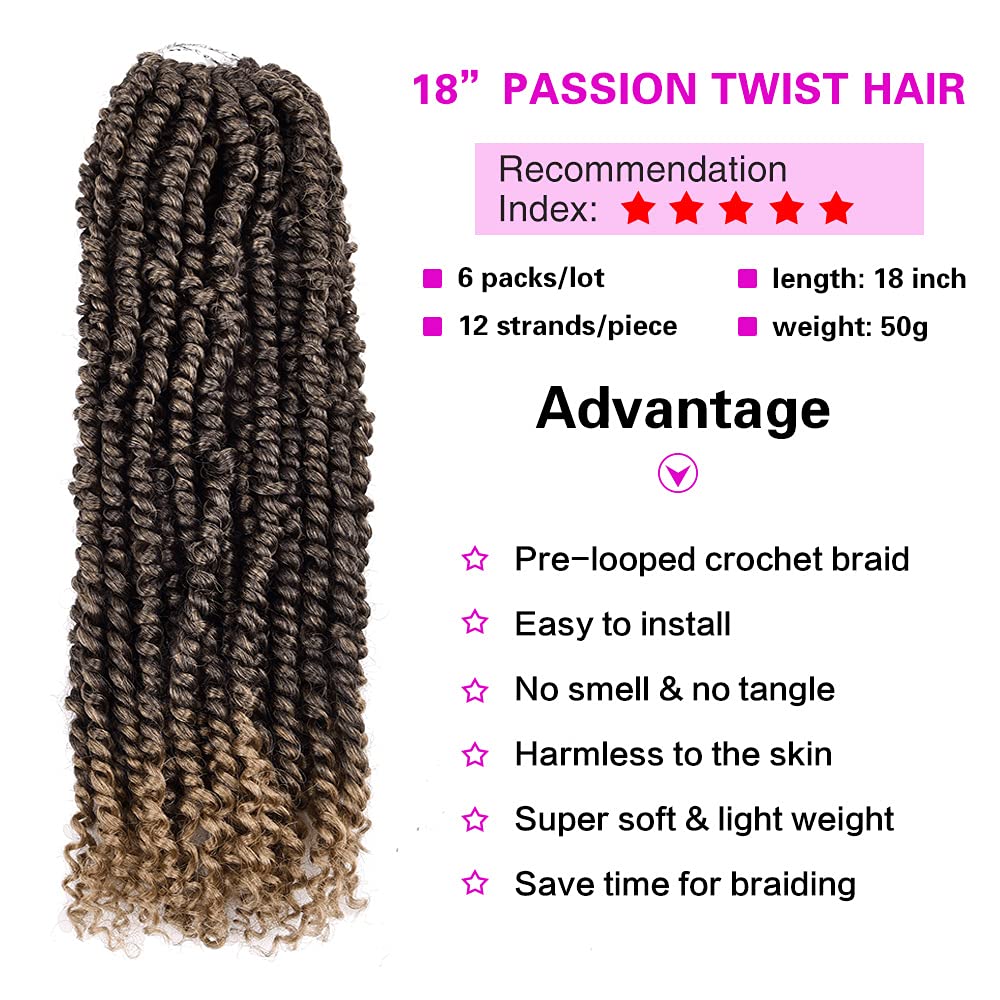 Silike Passion Twist Crochet Hair 18inch 6packs Pre-Twisted Synthetic Long Curls 12 Roots Braiding Hair Extensions For Women (18 inch, T27)