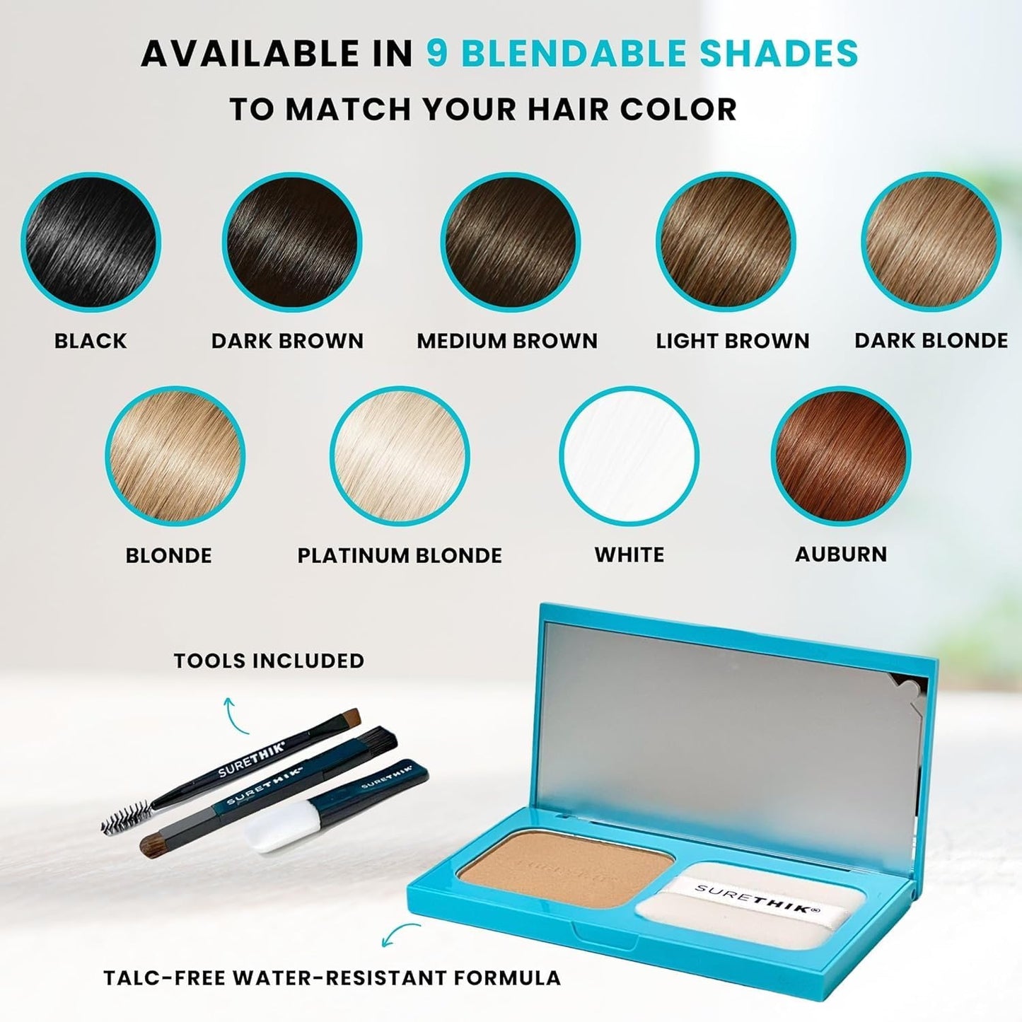 SURETHIK 4-in-1 Premium Hairline Powder Kit - Conceal Thinning Hair, Root Touch-Up, Highlight Refresher & Eyebrow Enhancer for Men and Women (Medium Brown)