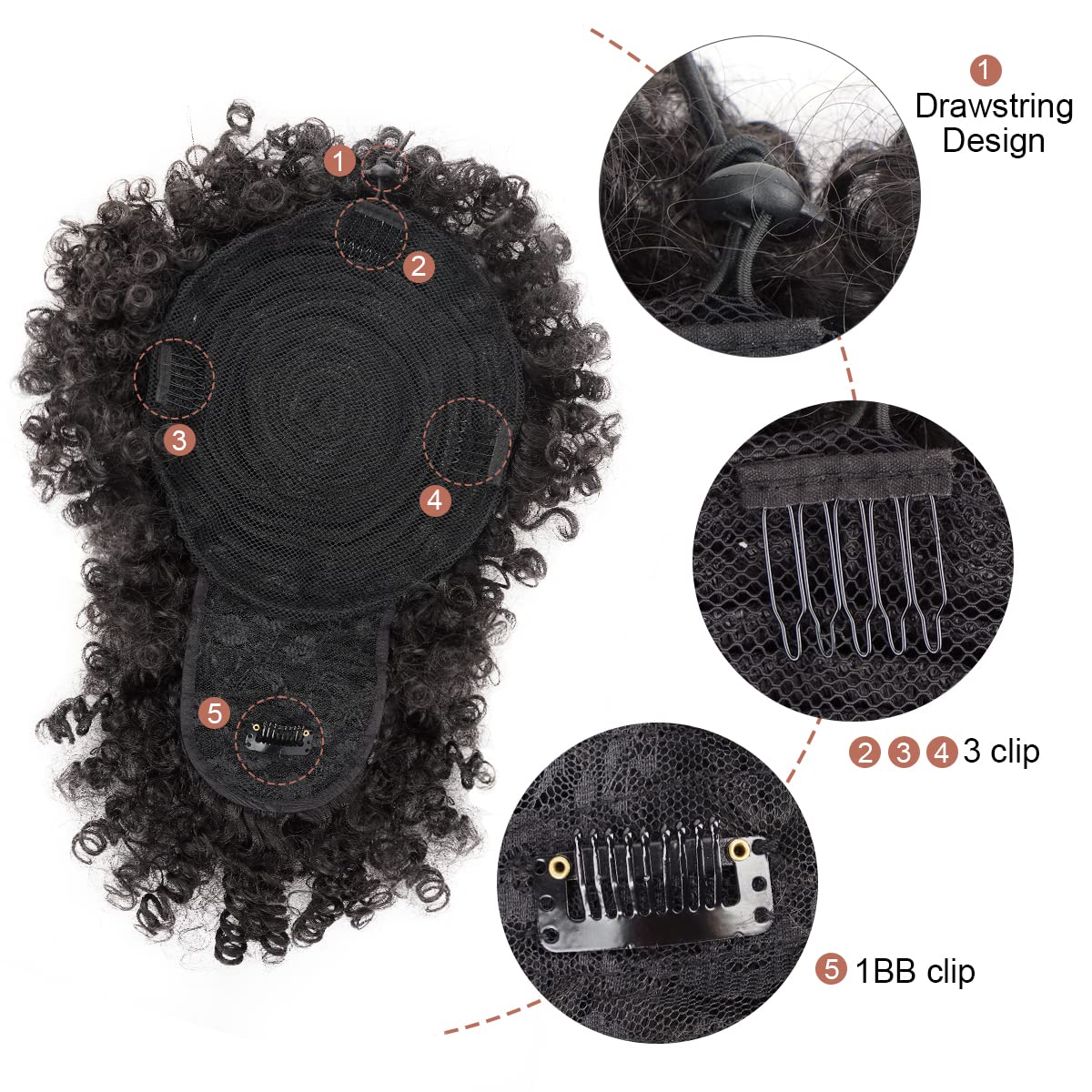 Cetiq Afro Puff Drawstring Ponytail with Bangs Drawstring Ponytail for Women Kinky Curly Hair Clip in Bangs Short Ponytail Hair Extensions Updo Hairpieces (2#)