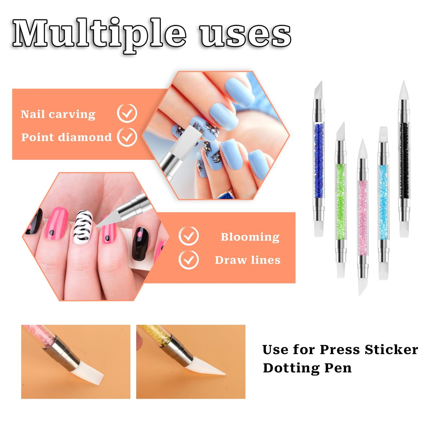 5 Pcs Nail Art Sculpture Pen Dual Tipped Silicone Nail Tools Nail Art Acrylic Pen Silicone Brushes for Resin Nail Art Tools for Design Nail Foil Carving Drawing Shaping Drawing Effect