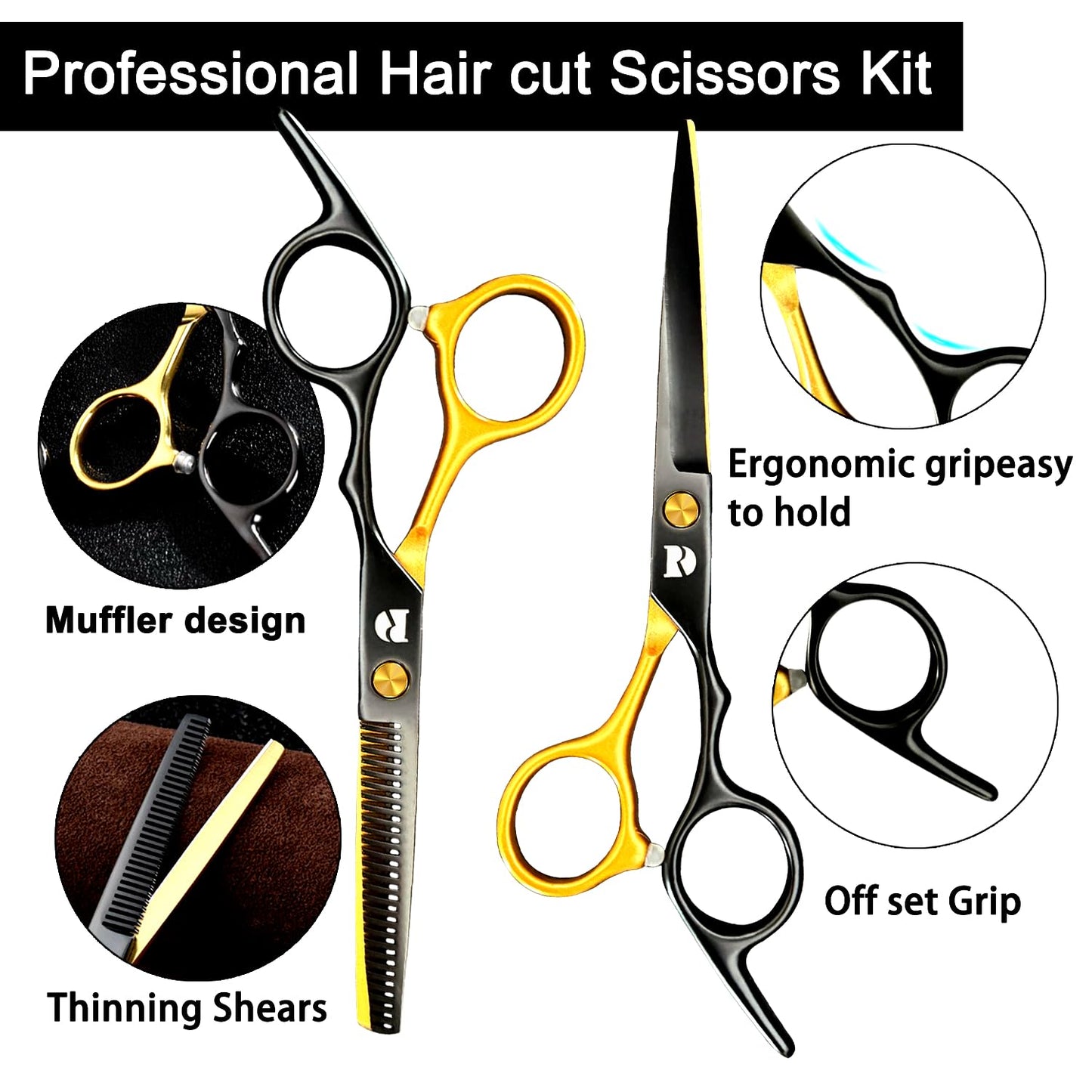 Professional Hair Cutting Shears Set,6 Inch Barber hair Cutting Scissors Thinning Shears Sharp Blades Hairdresser Haircut For Women/Men/kids 440c Stainless Steel (gold)