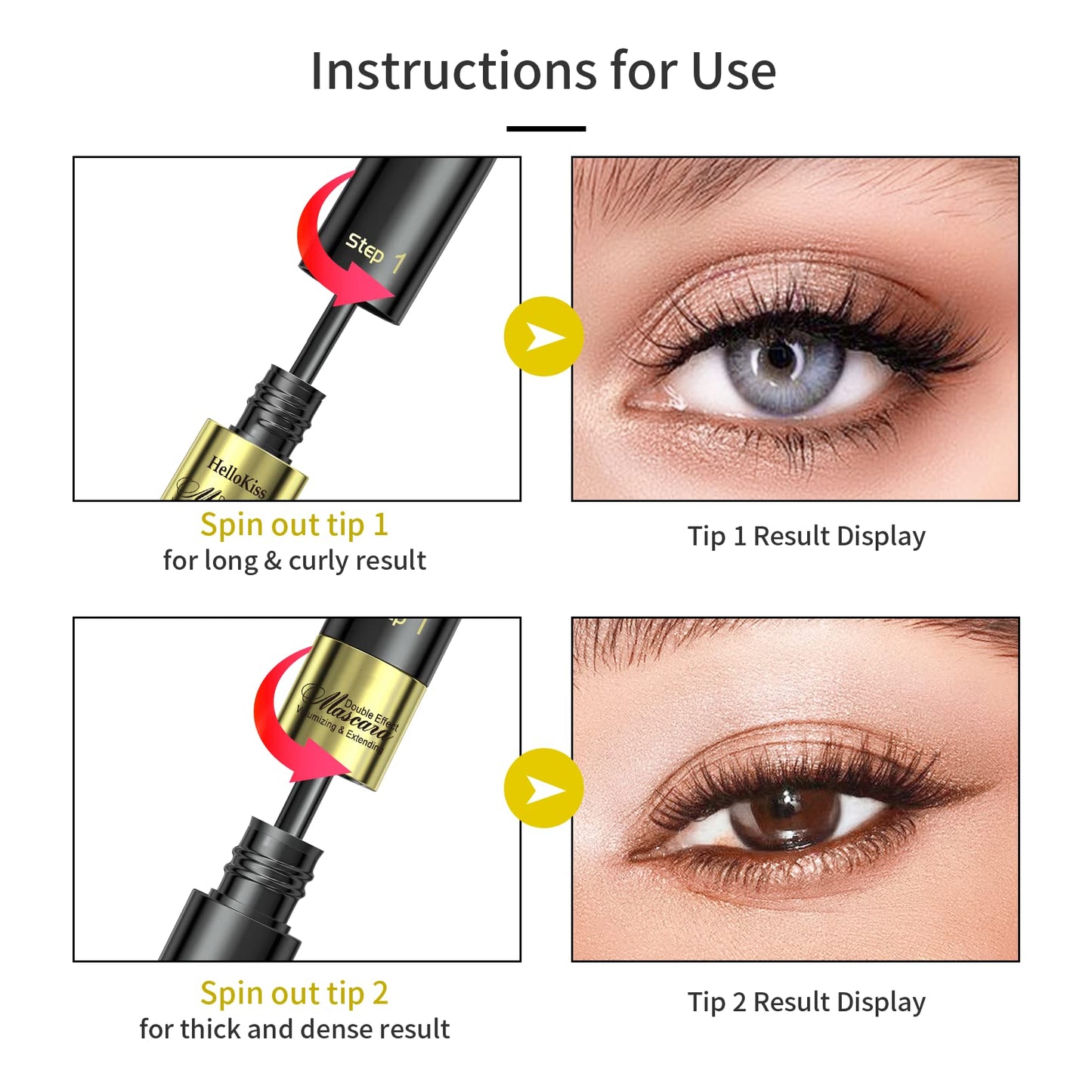 2 in 1 Double Black 4D tubing Mascara Volume and Length, Silk Fiber Lash Liquid Extension 5X Longer, Smudge Proof Waterproof and Sweat Resistant Fuller Mascara (Gold & Green)