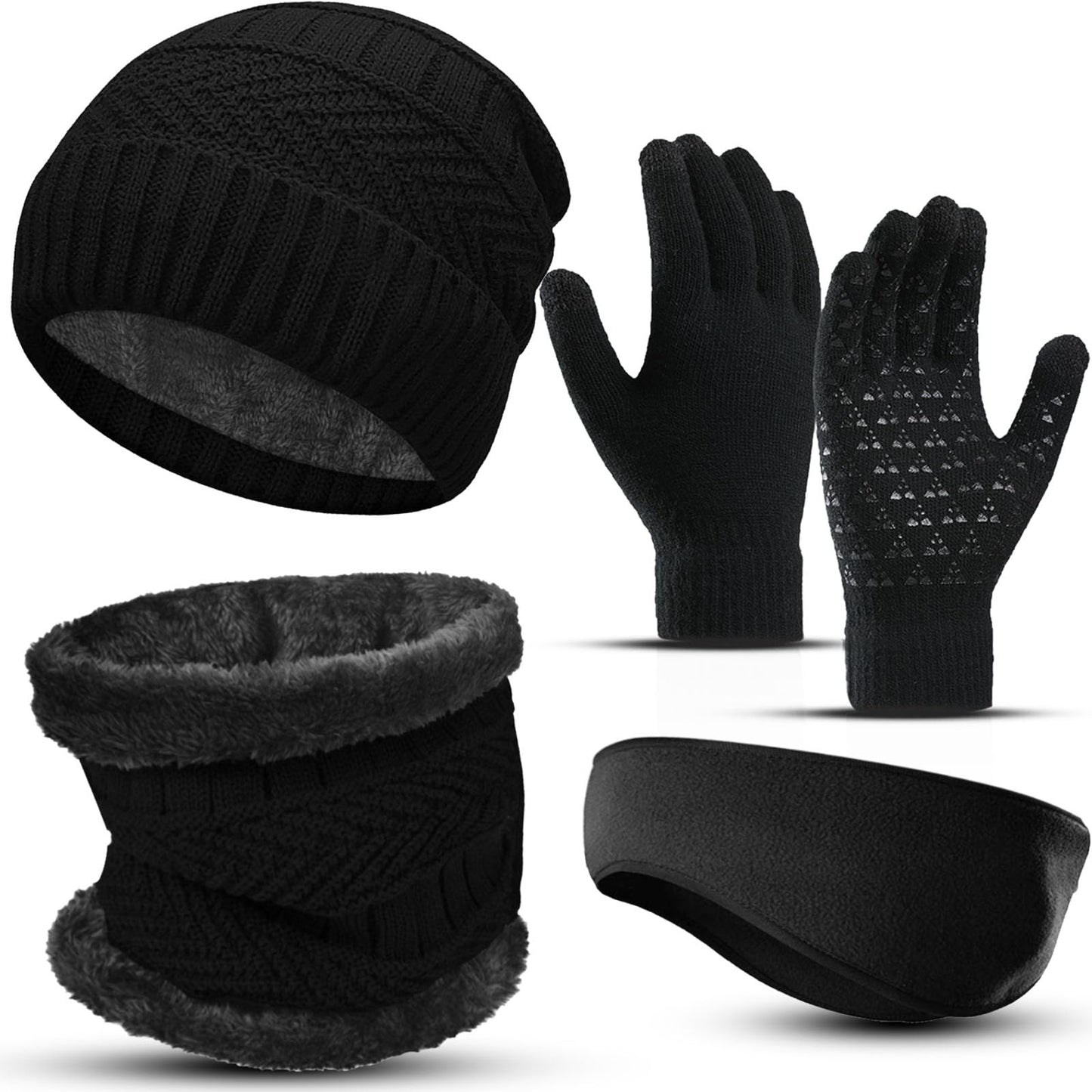 Abudder Beanie Hat Gloves Scarf Set for Men Women,Fleece Beanie Hat,Fleece Scarf,Warmer Gloves and Ear Warmer Headband for Men Women