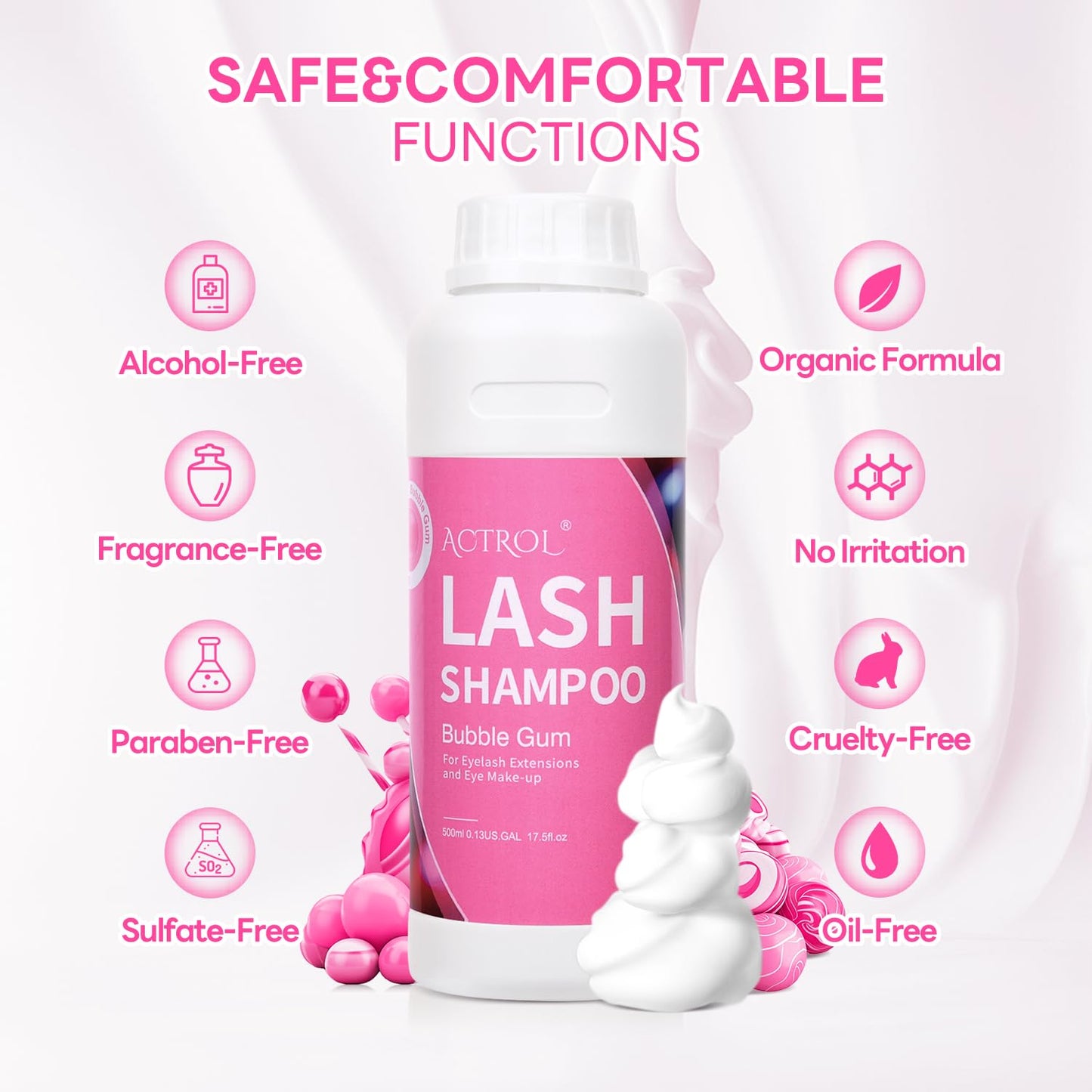 ACTROL Lash Shampoo Bubble Gum 500ml Eyelash Shampoo Lash Wash Shampoo Lash Cleanser Foam