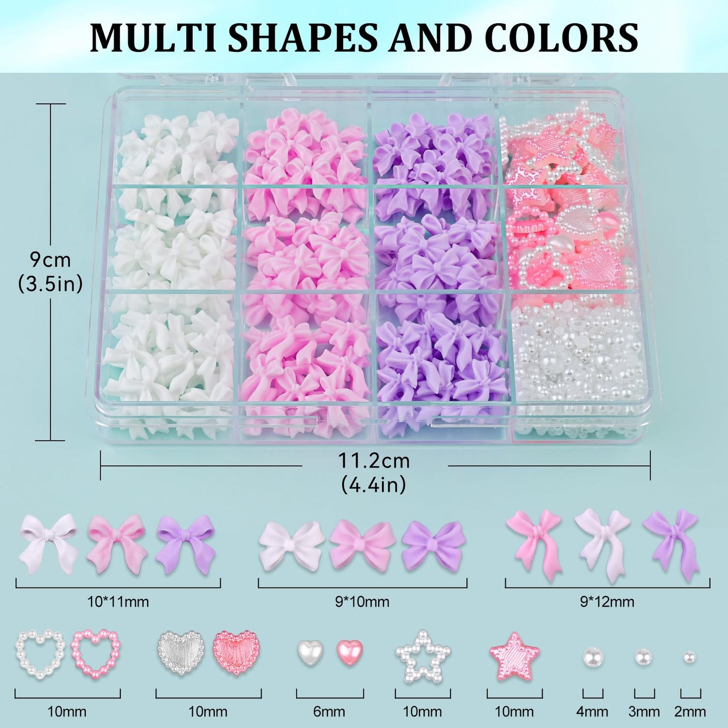 600 Pcs 3D Nail Charms and Flatback Pearls Set 10, Pink&White&Lilac Nail Bows + Pink&White Star Heart Cute Nail Jewels + 2-4mm White Nail Pearls for Nail Art DIY Decoration with Pickup Tools