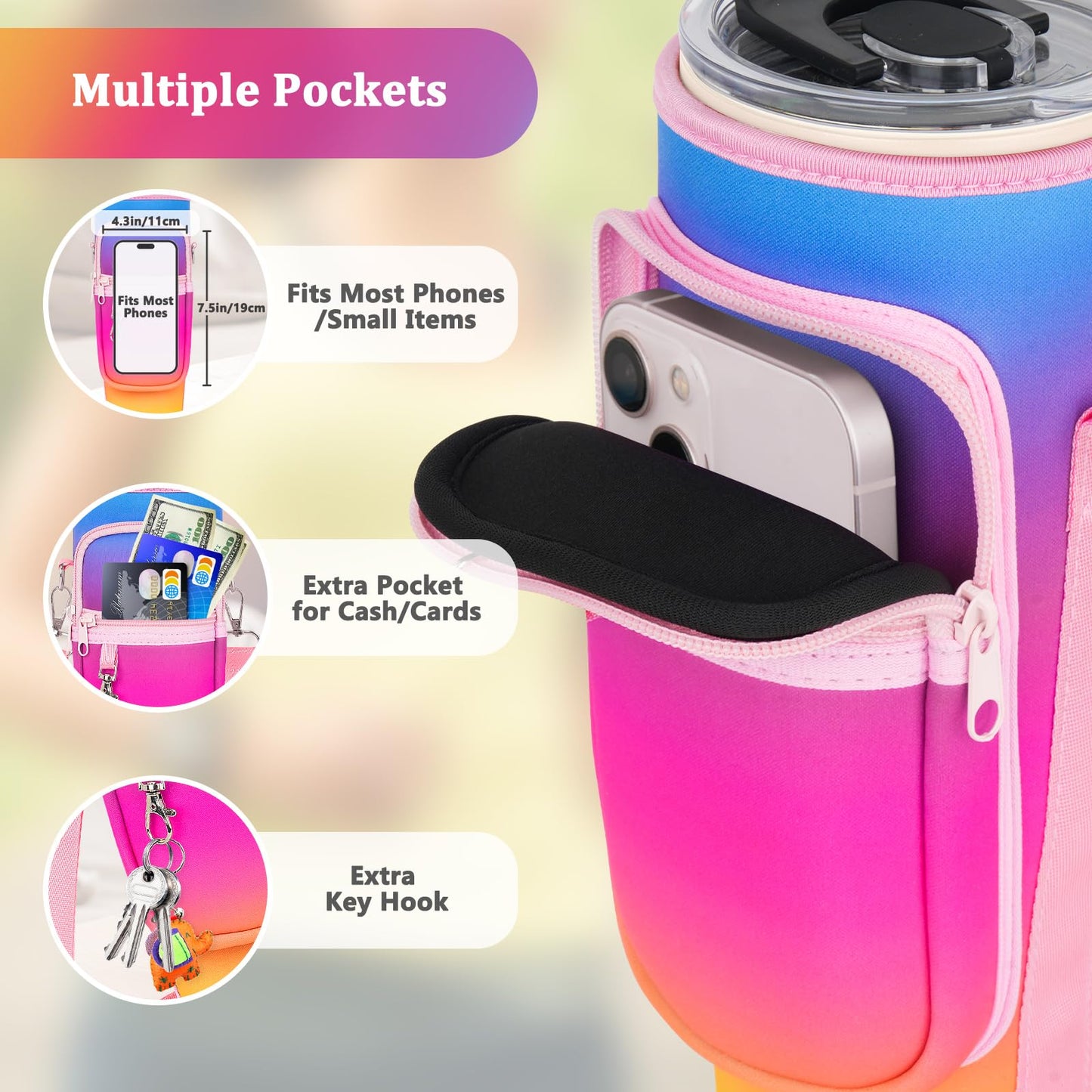 Water Bottle Carrier Bag with Phone Pocket Compatible with Stanley/Meoky 40 oz Tumbler with Handle,Neoprene Water Bottle Holder Pouch with Adjustable Strap Compatible with Stanley Cup Accessories